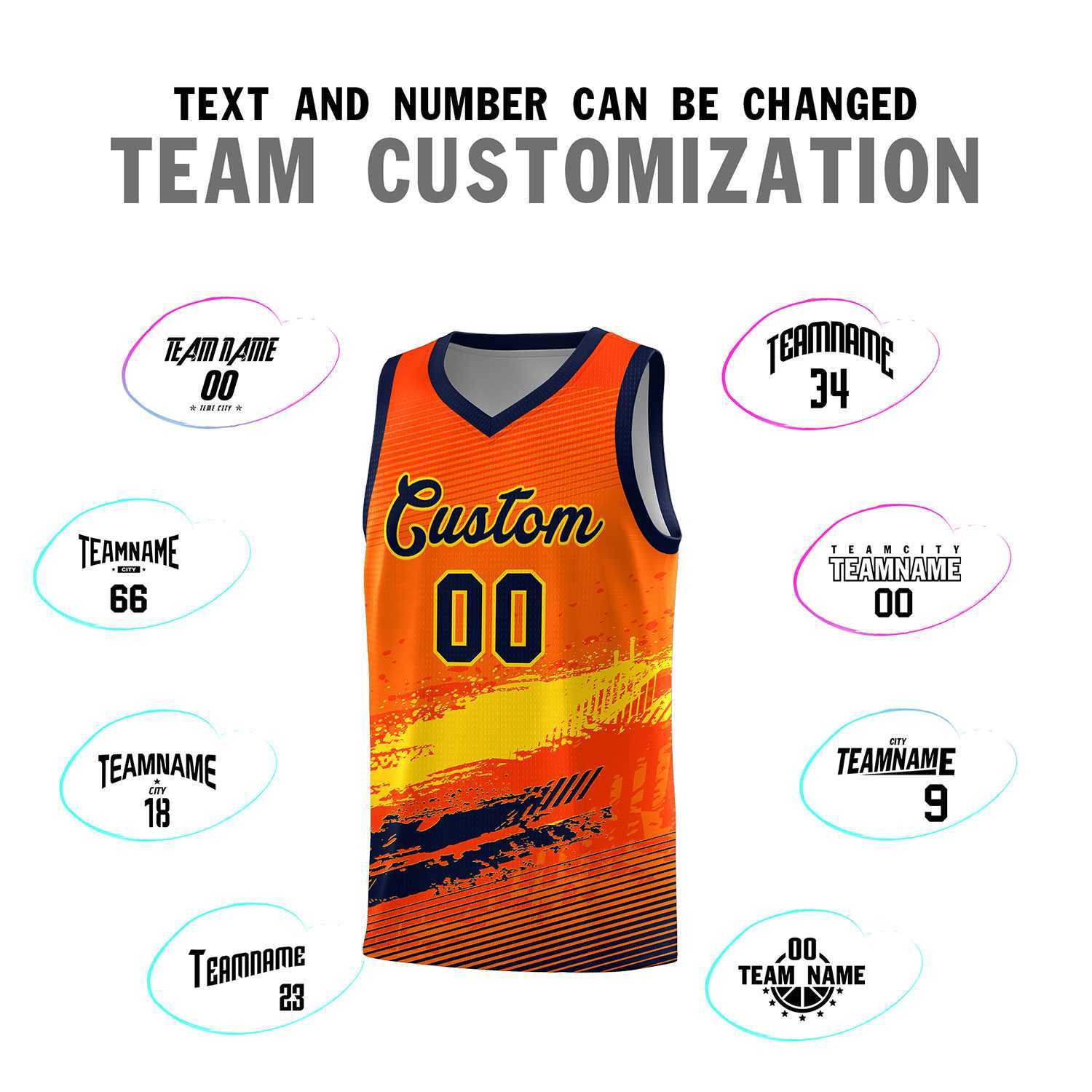 Custom Orange Gold and Navy Graffiti Pattern Sports Uniform Basketball Jersey