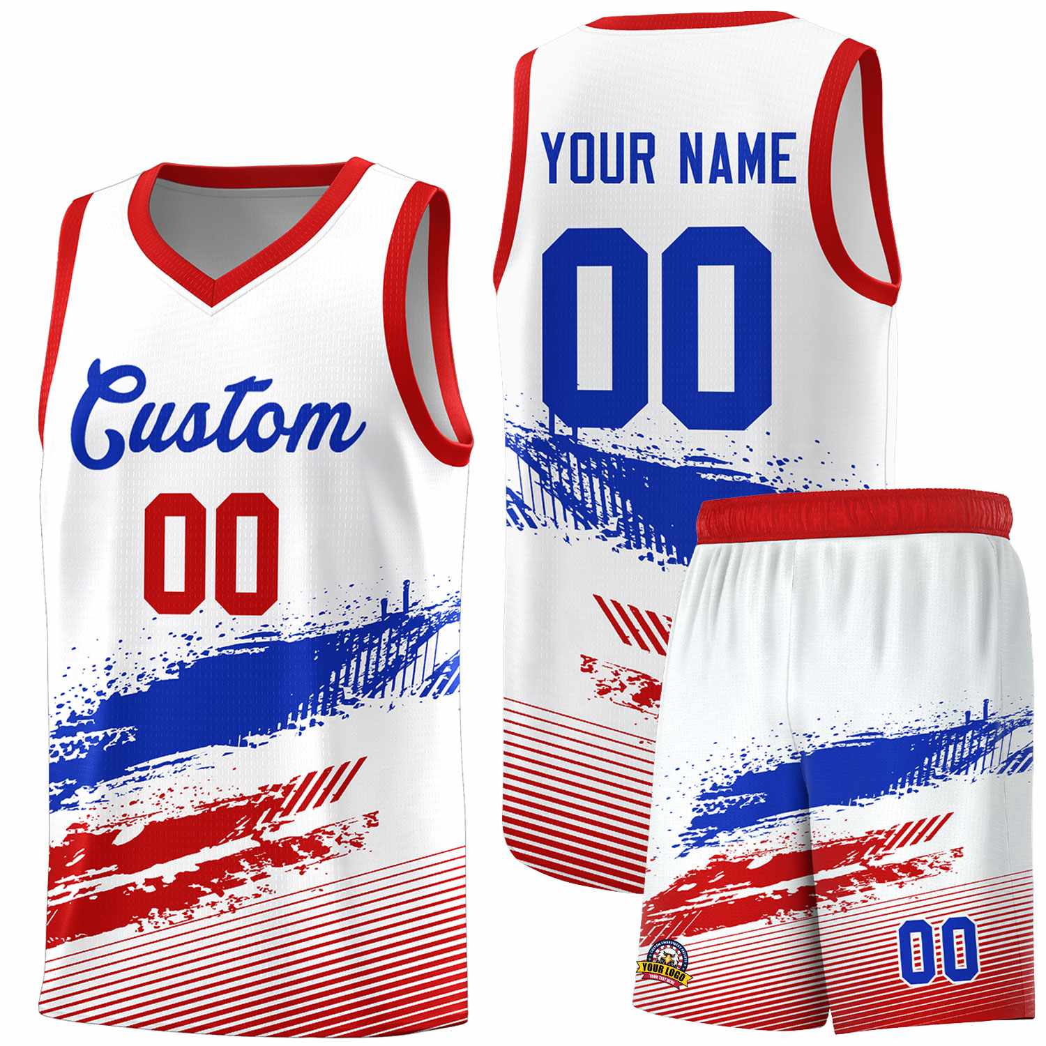 Custom White Royal and Red Graffiti Pattern Sports Uniform Basketball Jersey