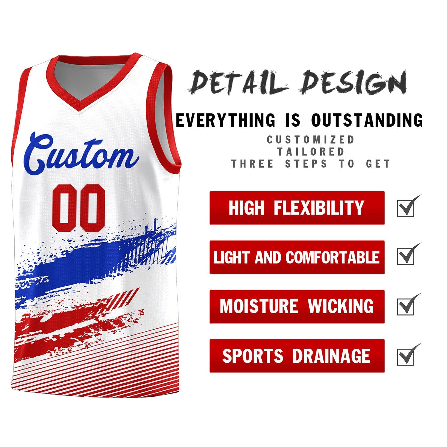 Custom White Royal and Red Graffiti Pattern Sports Uniform Basketball Jersey