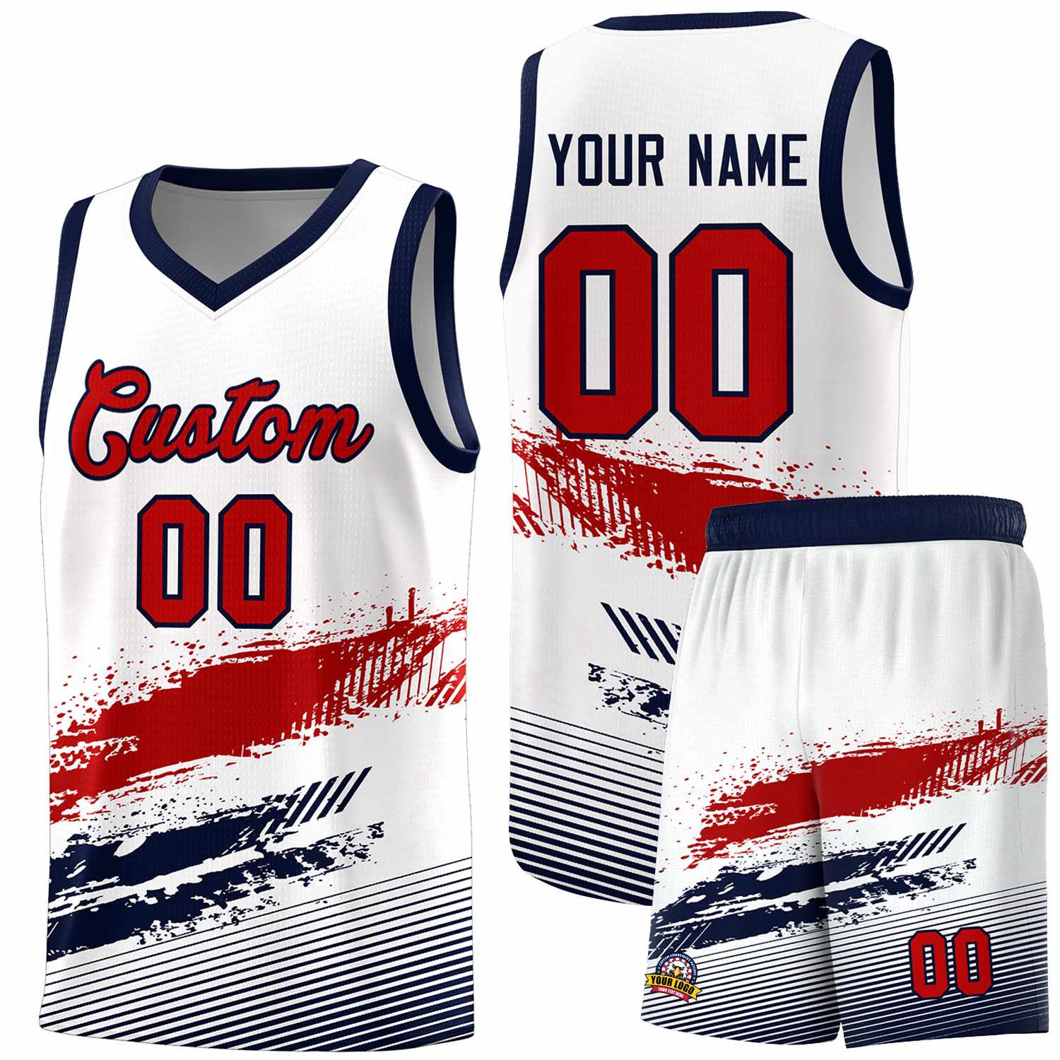 Custom White Red and Navy Graffiti Pattern Sports Uniform Basketball Jersey