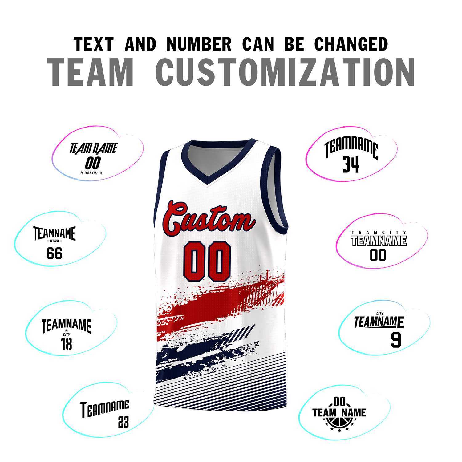 Custom White Red and Navy Graffiti Pattern Sports Uniform Basketball Jersey