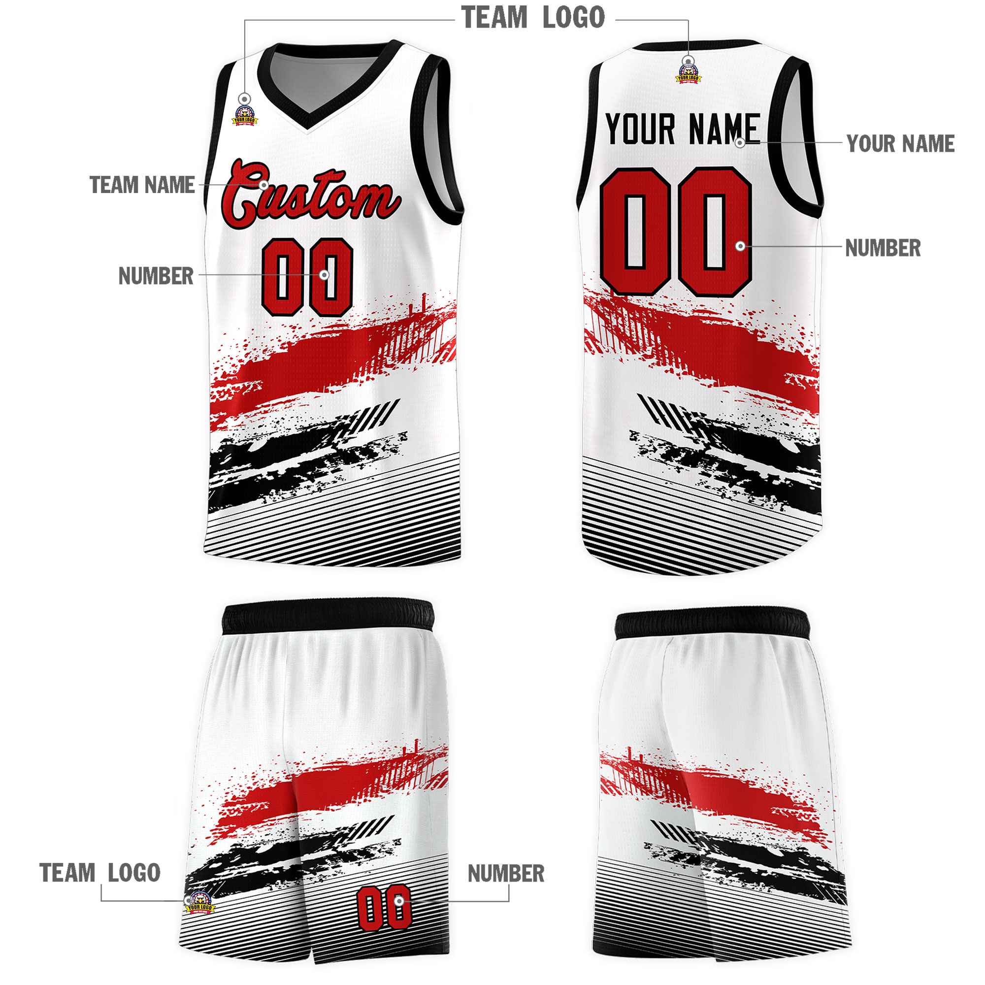 Custom White Red and Black Graffiti Pattern Sports Uniform Basketball Jersey