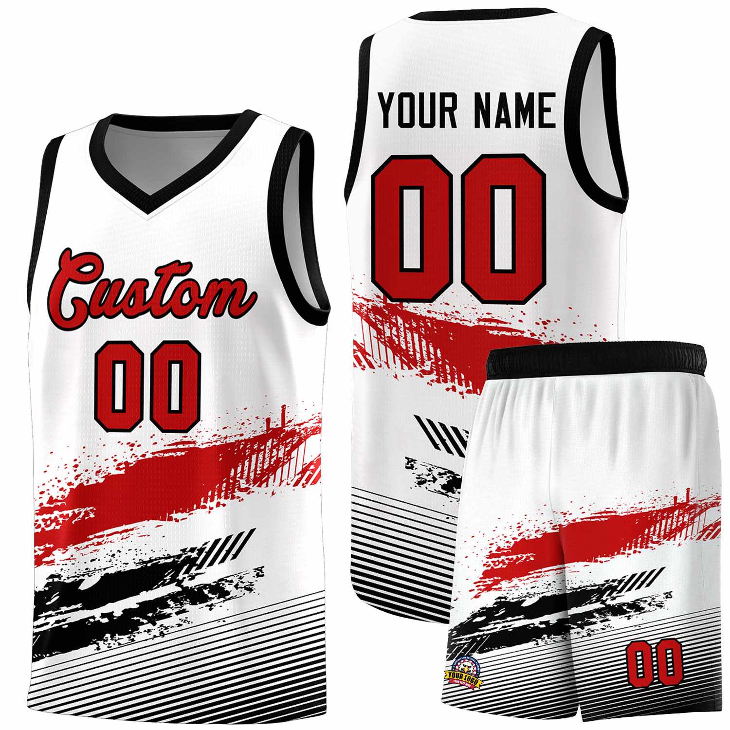 Custom White Red and Black Graffiti Pattern Sports Uniform Basketball Jersey