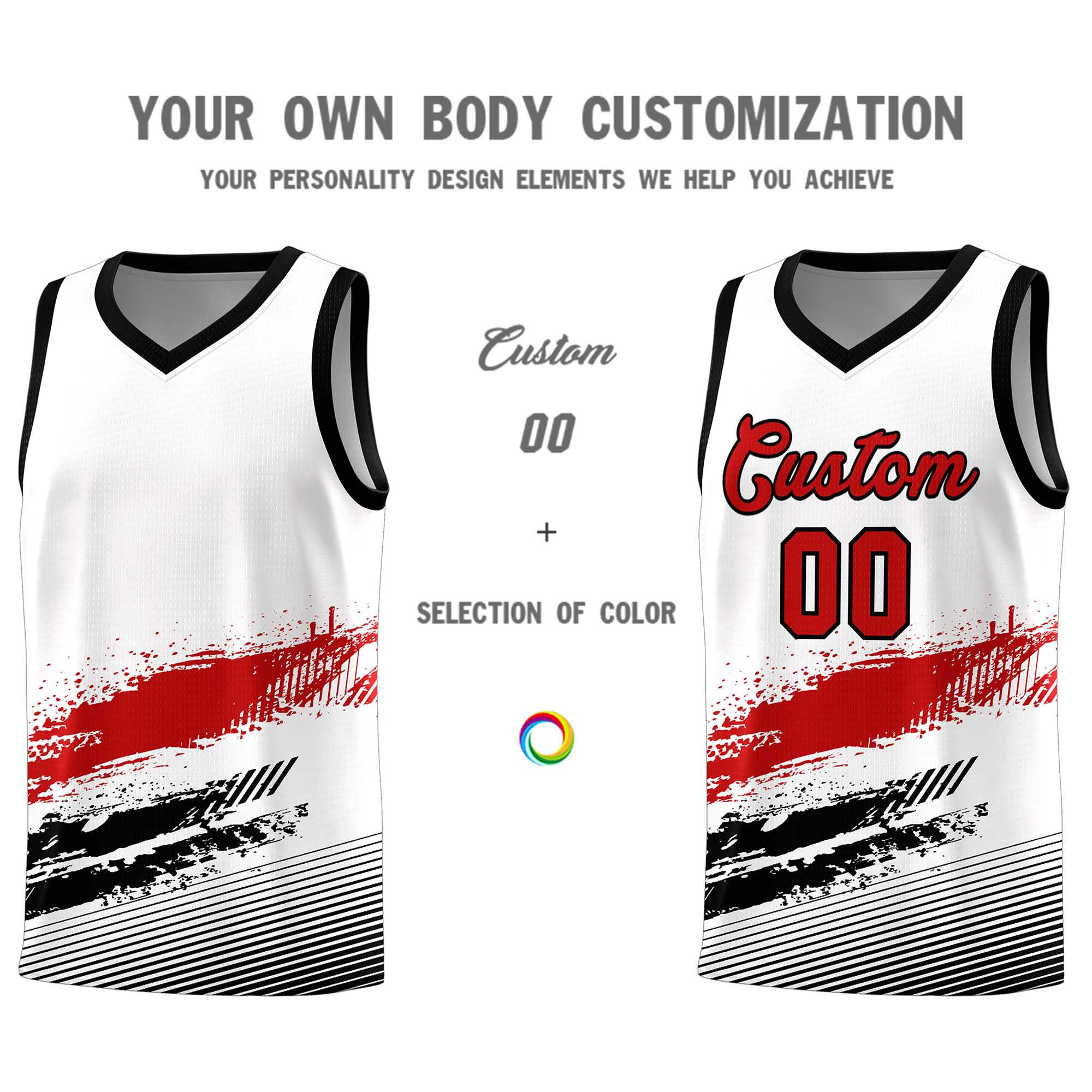 Custom White Red and Black Graffiti Pattern Sports Uniform Basketball Jersey