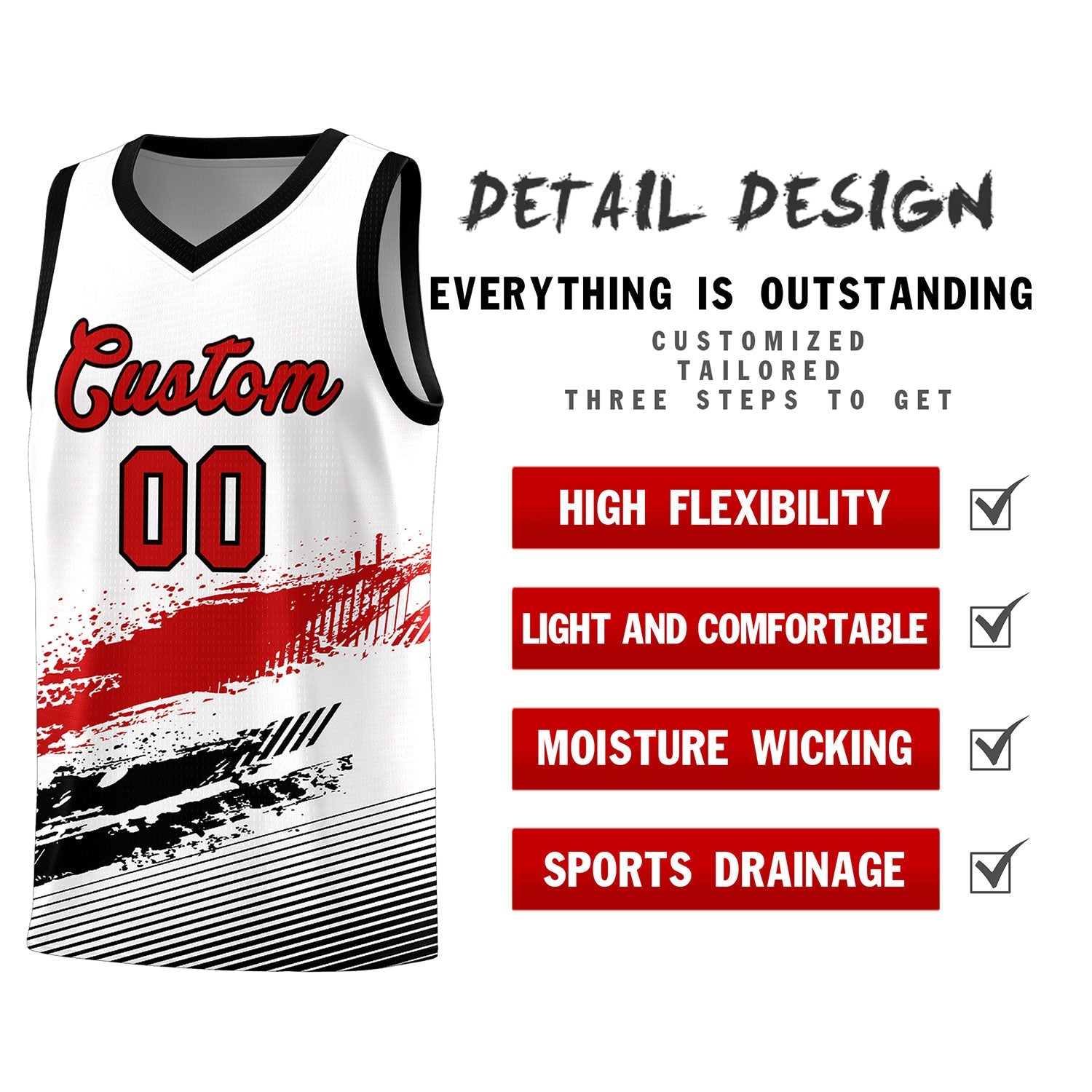 Custom White Red and Black Graffiti Pattern Sports Uniform Basketball Jersey