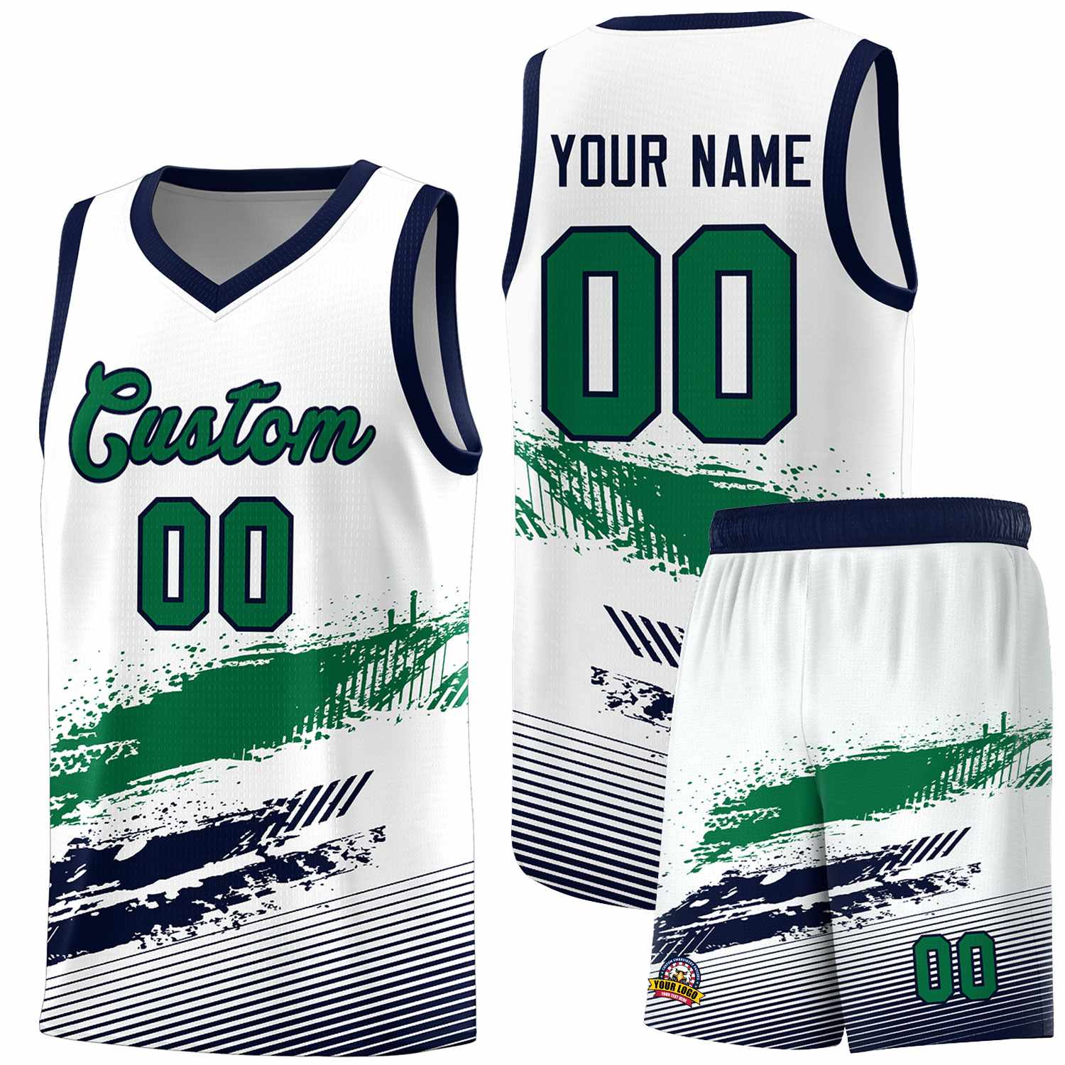 Custom White Kelly Green and Navy Graffiti Pattern Sports Uniform Basketball Jersey