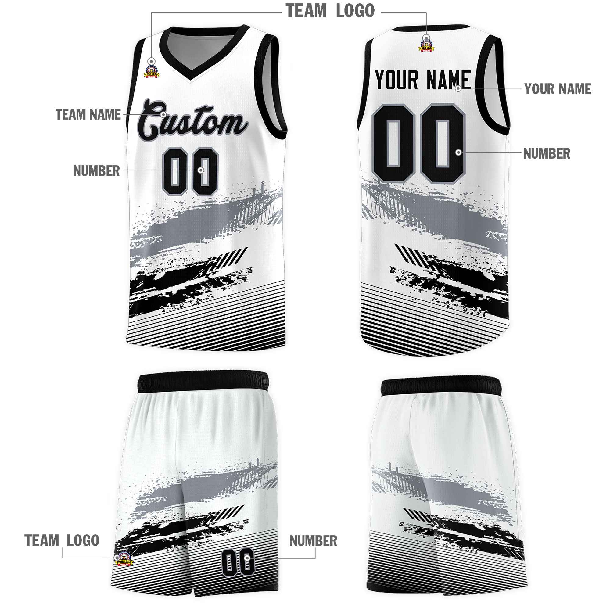 Custom White Gray and Black Graffiti Pattern Sports Uniform Basketball Jersey