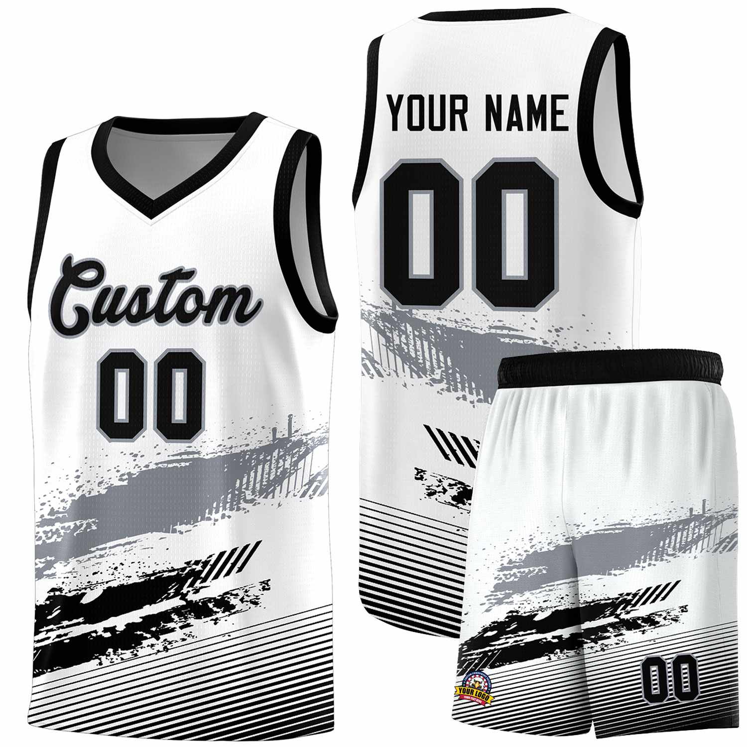 Custom White Gray and Black Graffiti Pattern Sports Uniform Basketball Jersey