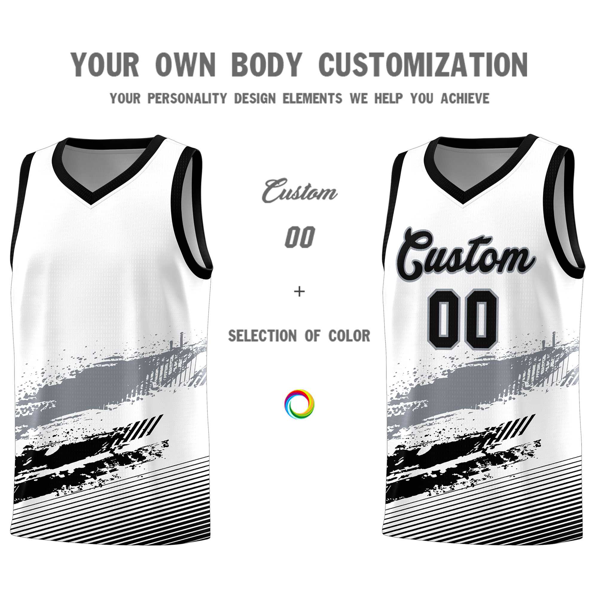 Custom White Gray and Black Graffiti Pattern Sports Uniform Basketball Jersey