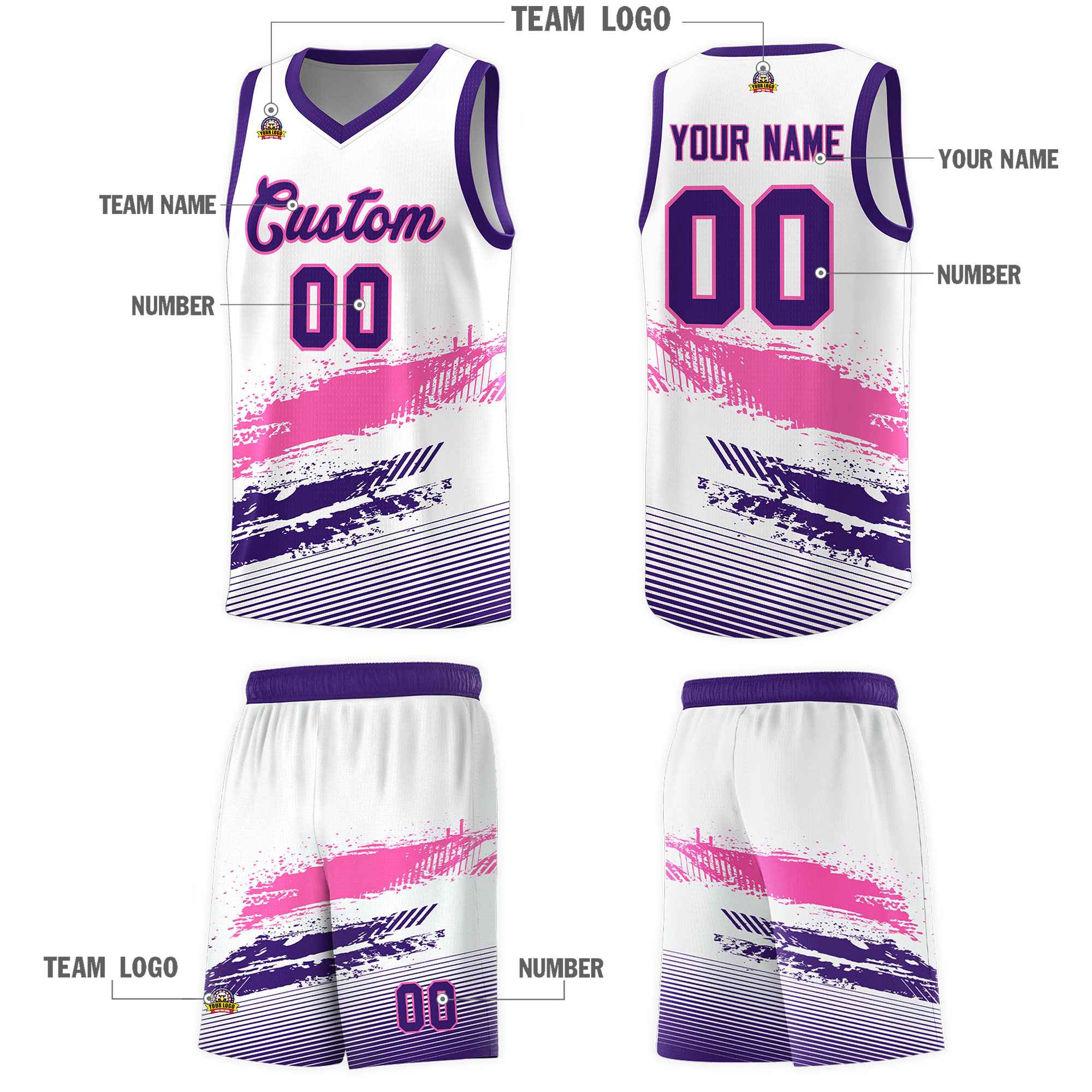 Custom White Pink and Purple Graffiti Pattern Sports Uniform Basketball Jersey