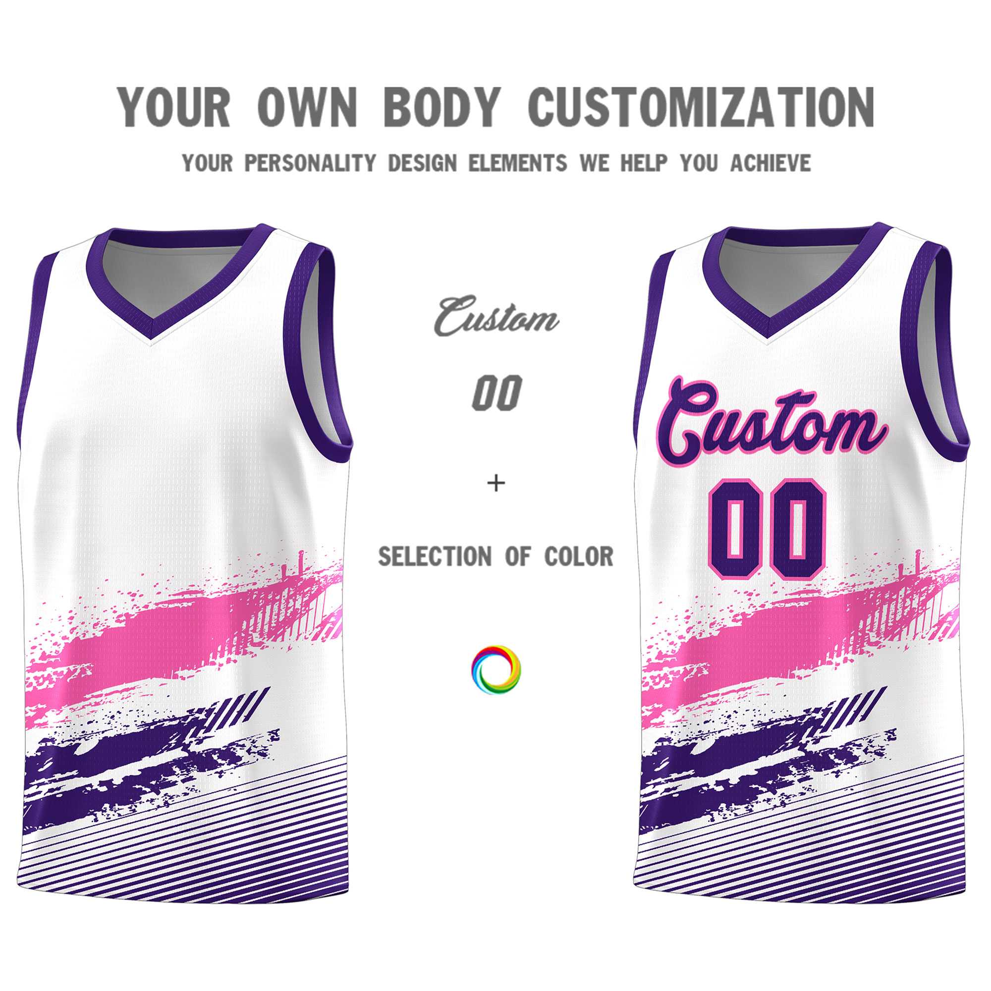 Custom White Pink and Purple Graffiti Pattern Sports Uniform Basketball Jersey