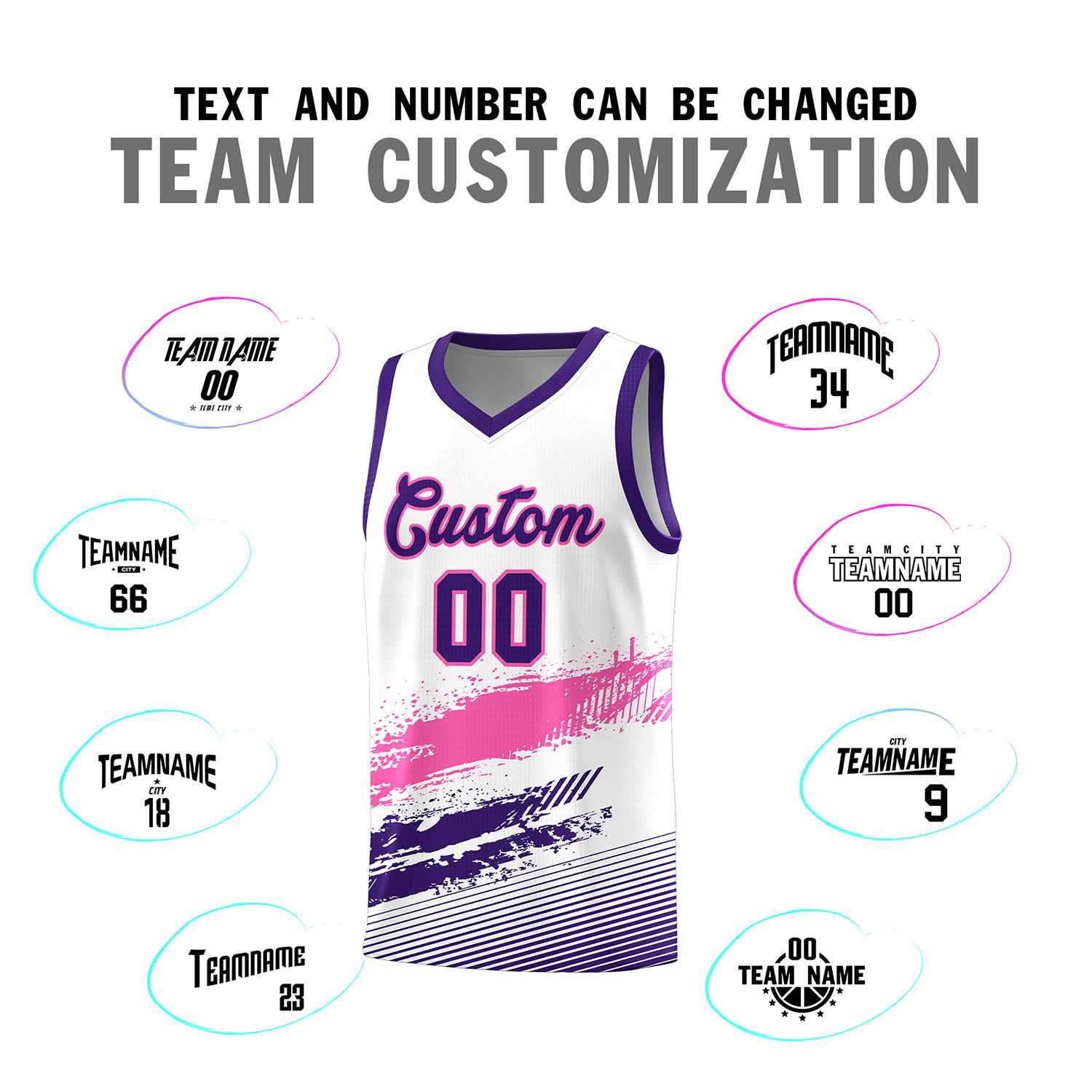 Custom White Pink and Purple Graffiti Pattern Sports Uniform Basketball Jersey