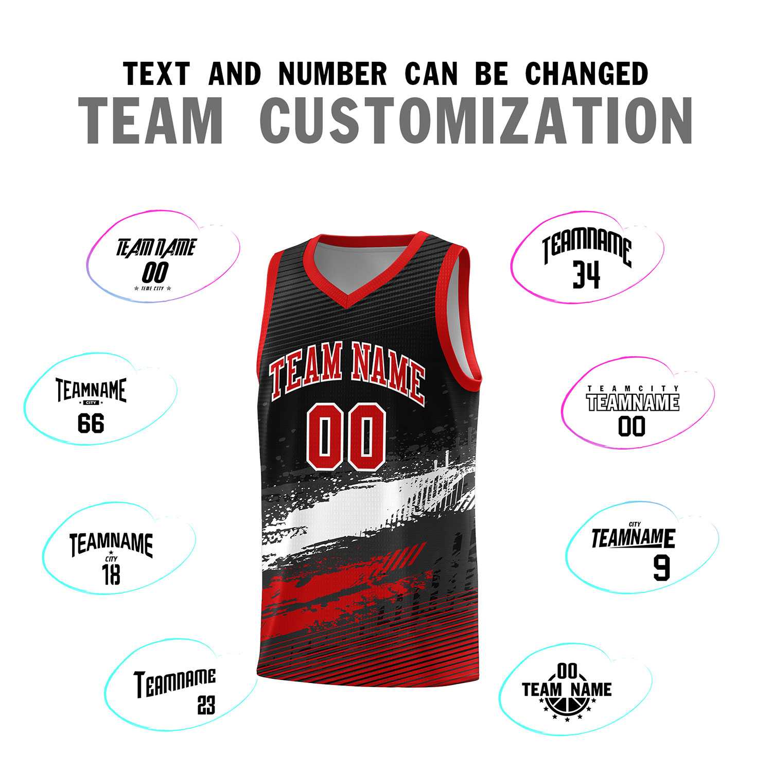 Custom Black White and Red Graffiti Pattern Sports Uniform Basketball Jersey