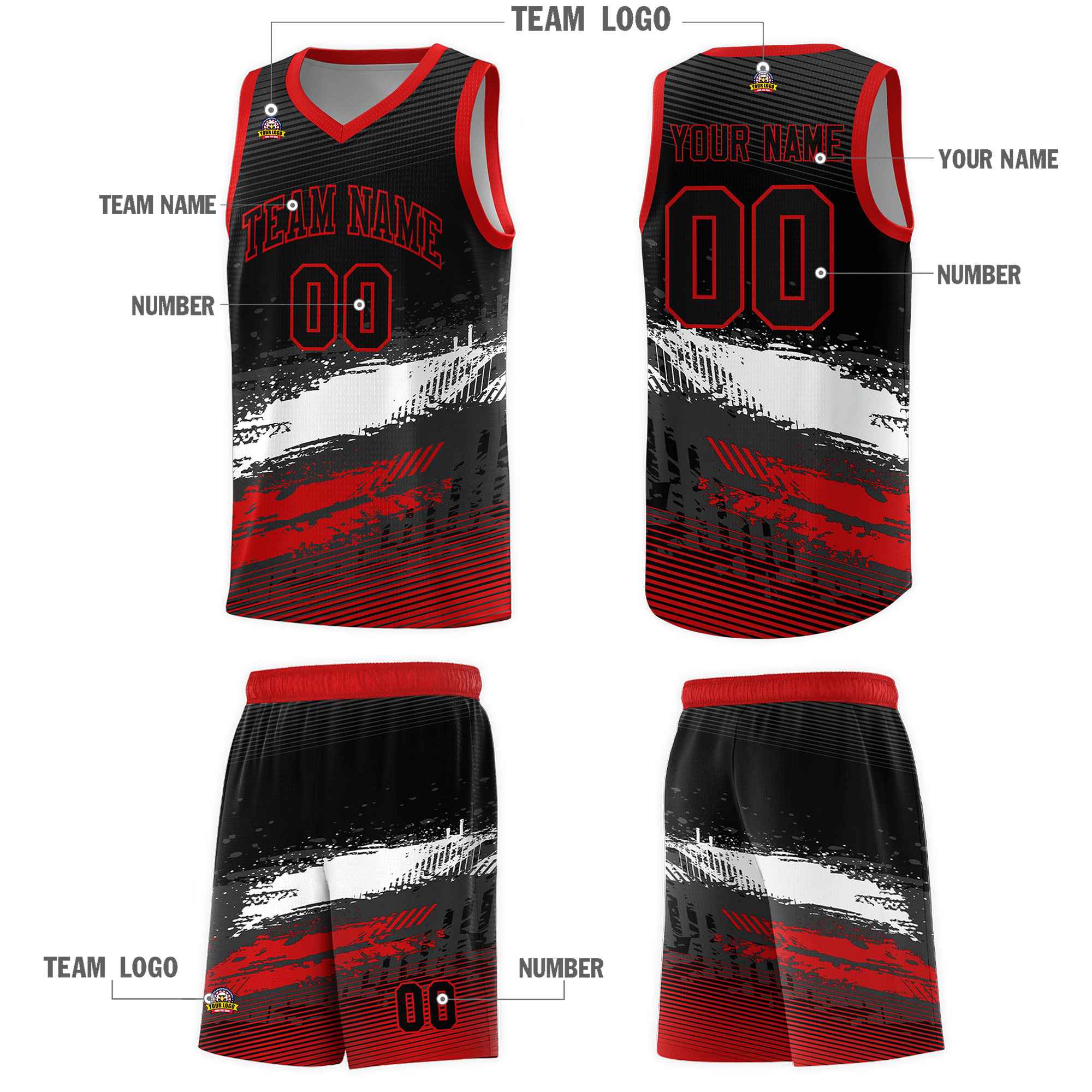 Custom Black White and Red Graffiti Pattern Sports Uniform Basketball Jersey