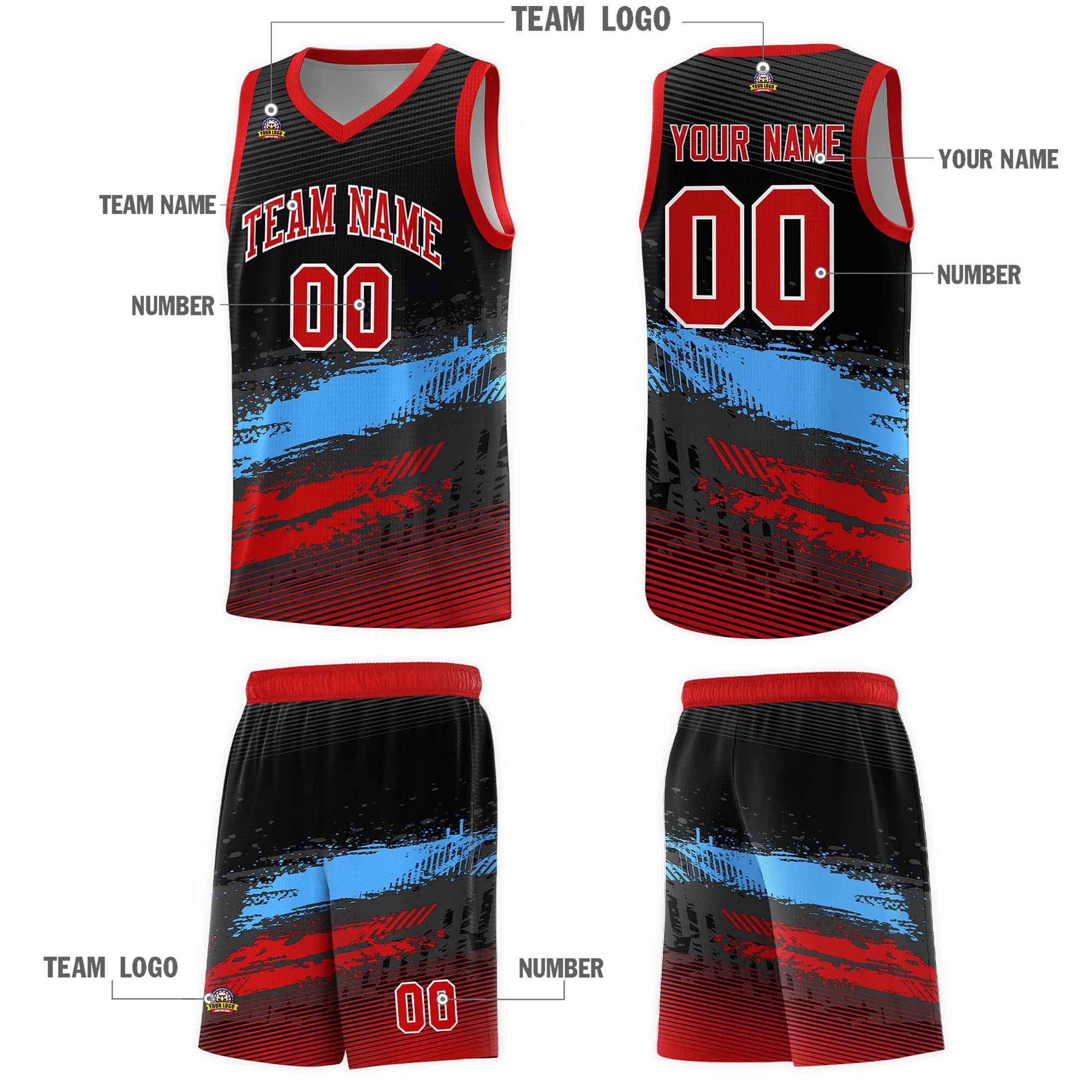 Custom Black Powder Blue and Red Graffiti Pattern Sports Uniform Basketball Jersey