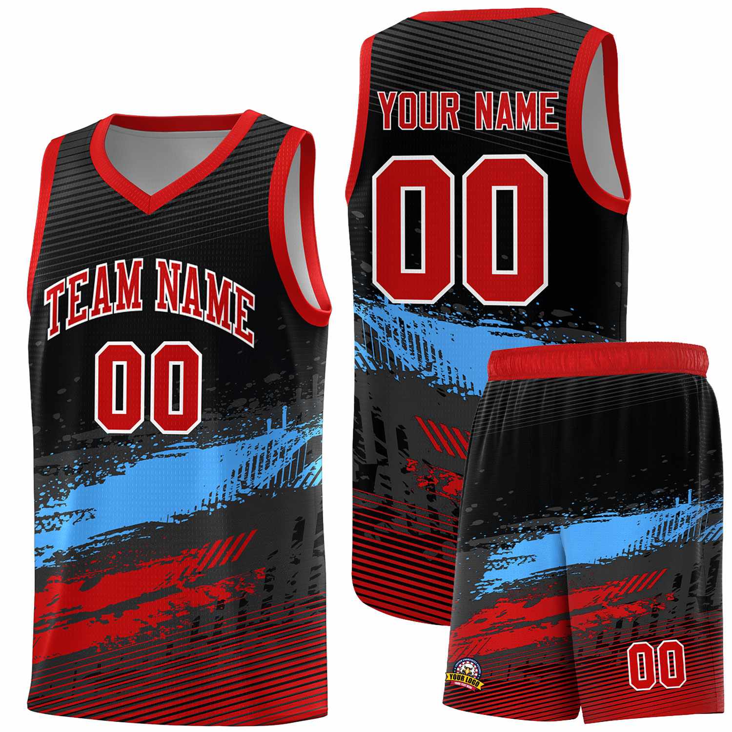 Custom Black Powder Blue and Red Graffiti Pattern Sports Uniform Basketball Jersey