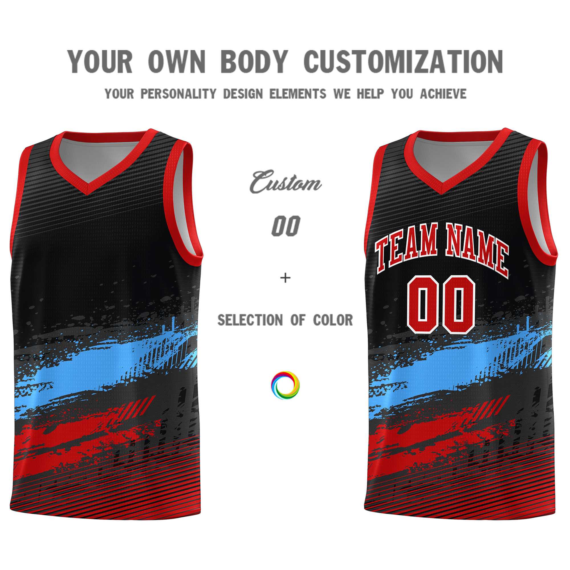 Custom Black Powder Blue and Red Graffiti Pattern Sports Uniform Basketball Jersey