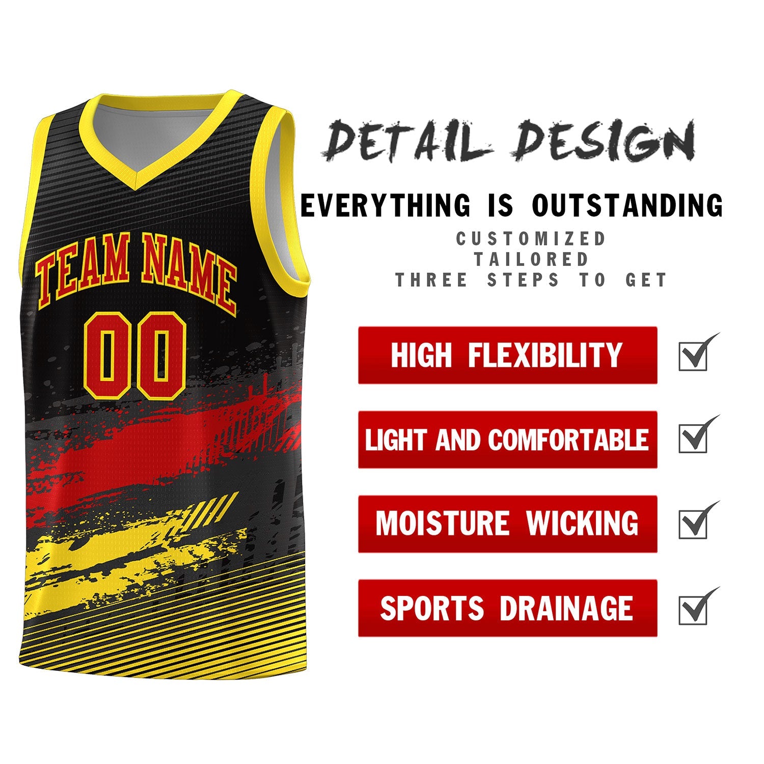 Custom Black Red and Gold Graffiti Pattern Sports Uniform Basketball Jersey