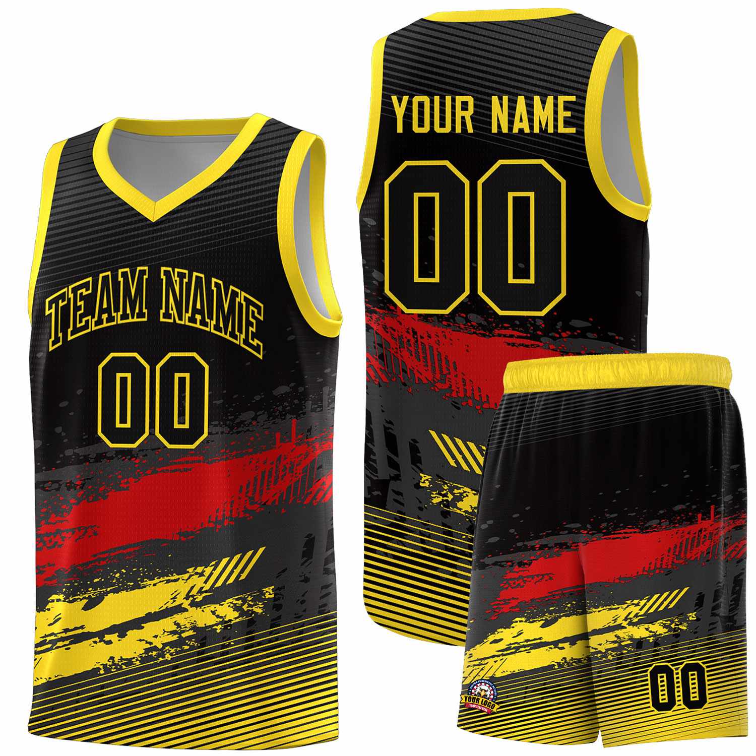 Custom Black Red and Gold Graffiti Pattern Sports Uniform Basketball Jersey