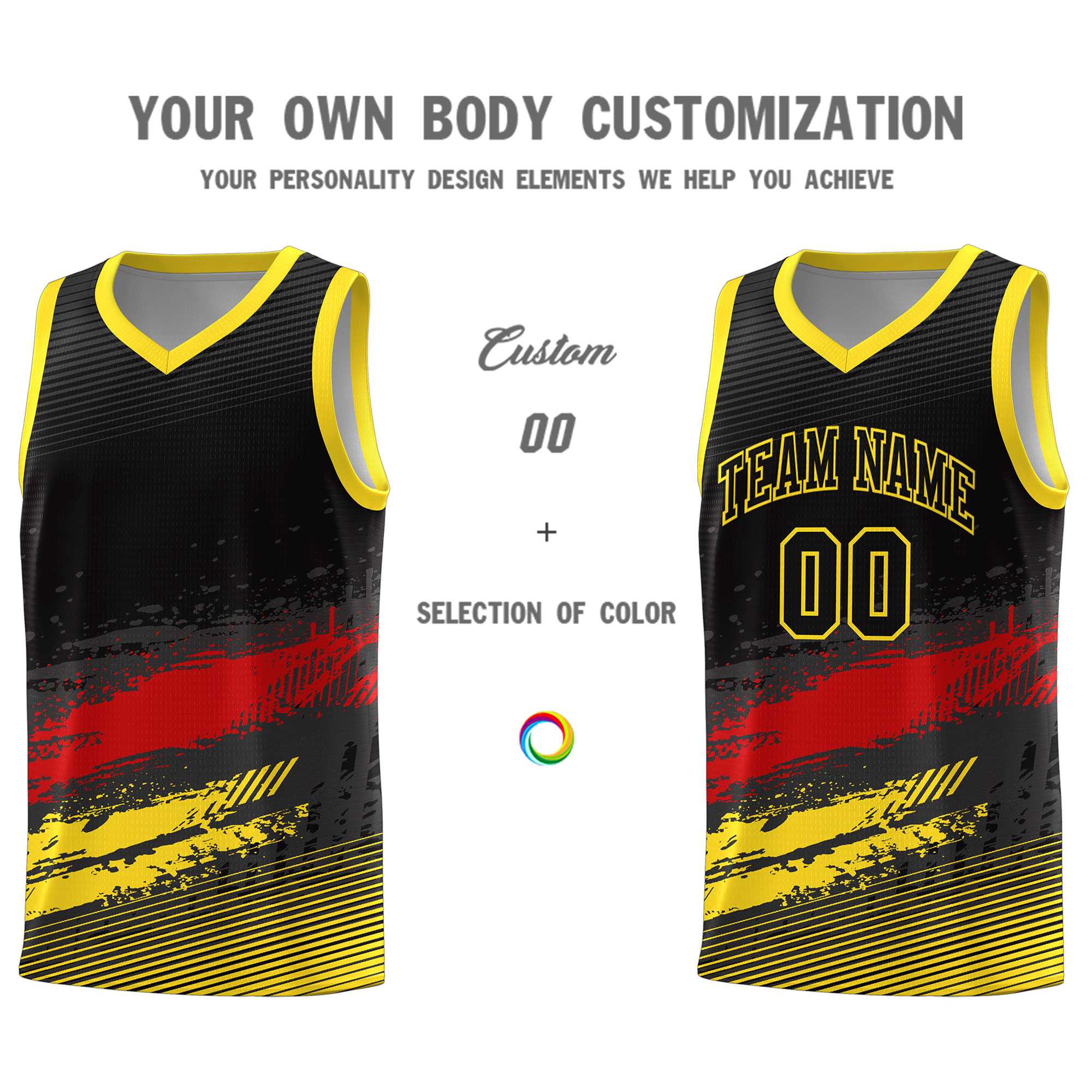 Custom Black Red and Gold Graffiti Pattern Sports Uniform Basketball Jersey