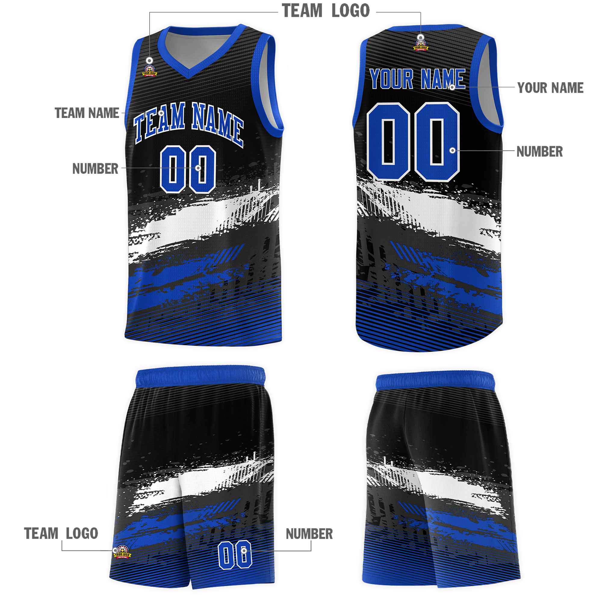 Custom Black White and Royal Graffiti Pattern Sports Uniform Basketball Jersey