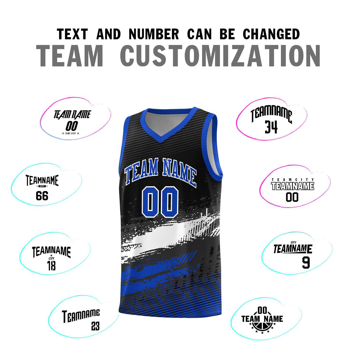 Custom Black White and Royal Graffiti Pattern Sports Uniform Basketball Jersey