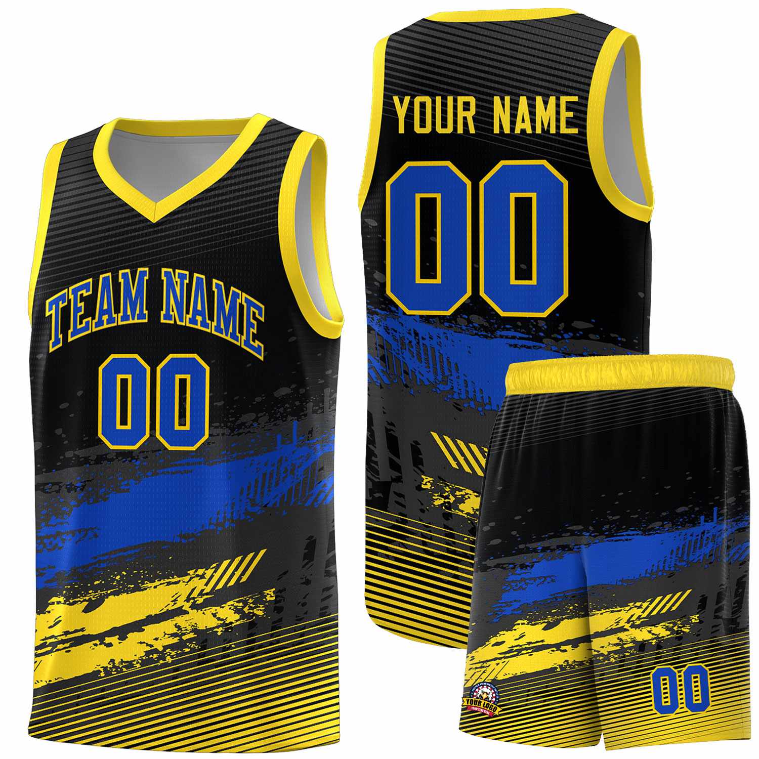 Custom Black Royal and Gold Graffiti Pattern Sports Uniform Basketball Jersey