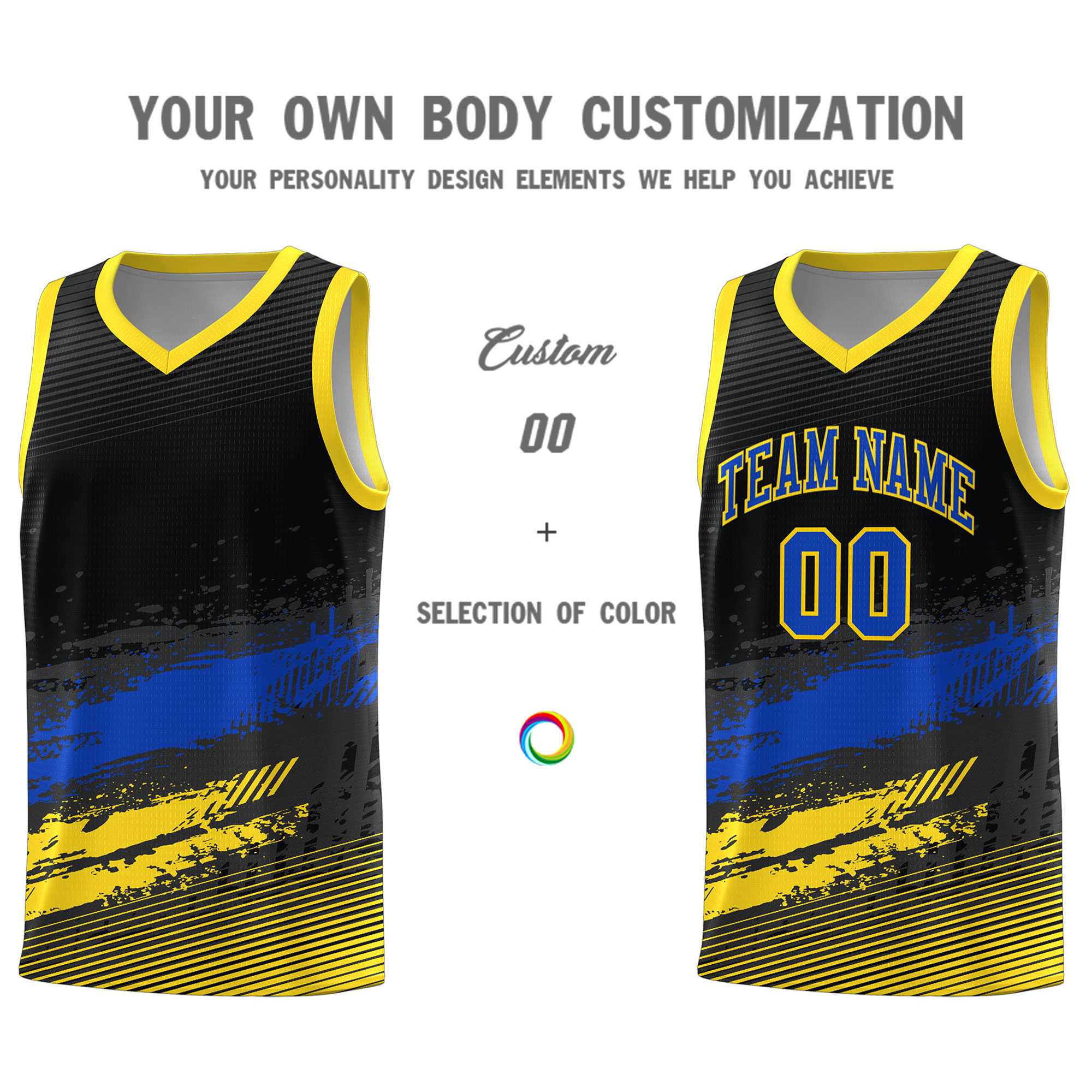 Custom Black Royal and Gold Graffiti Pattern Sports Uniform Basketball Jersey