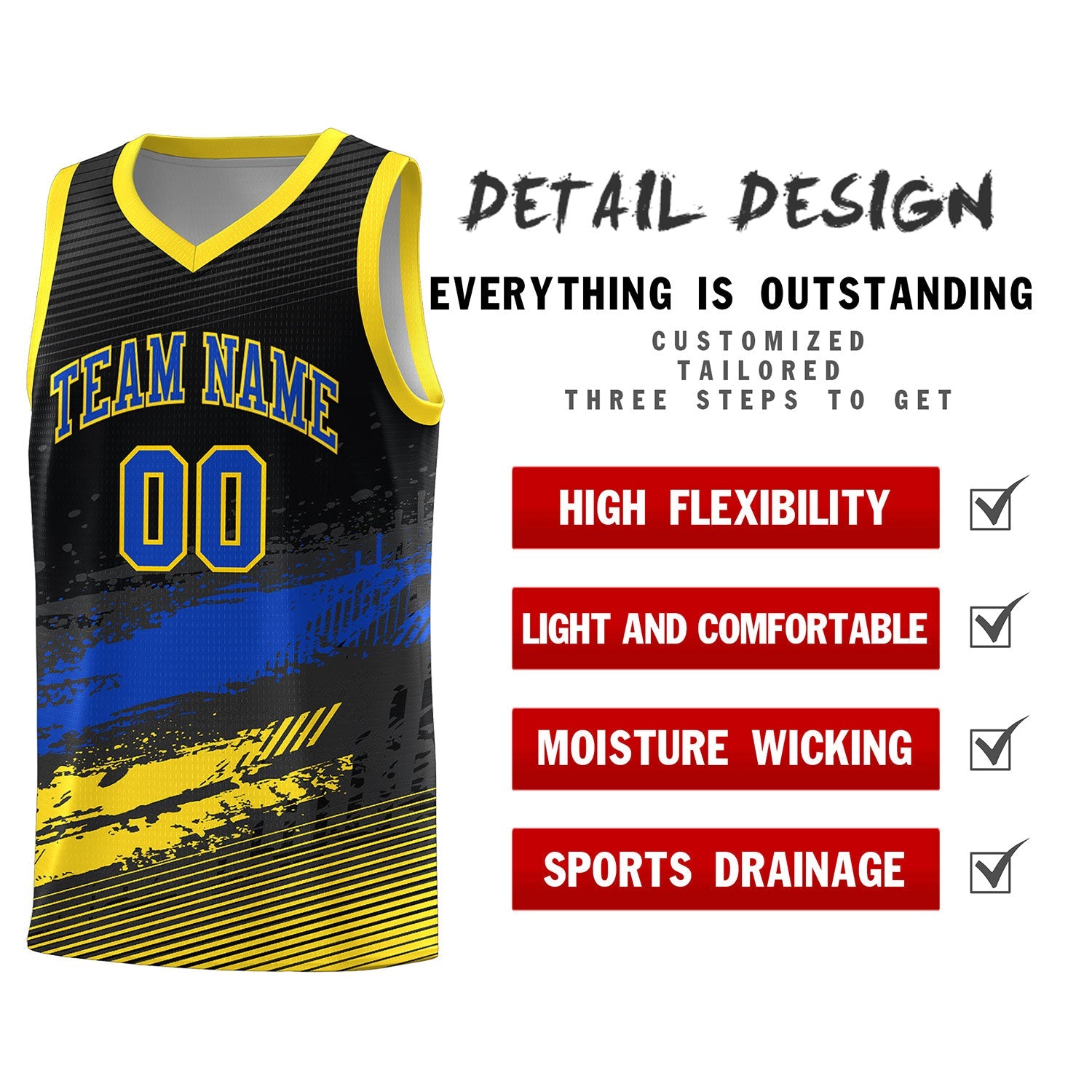 Custom Black Royal and Gold Graffiti Pattern Sports Uniform Basketball Jersey