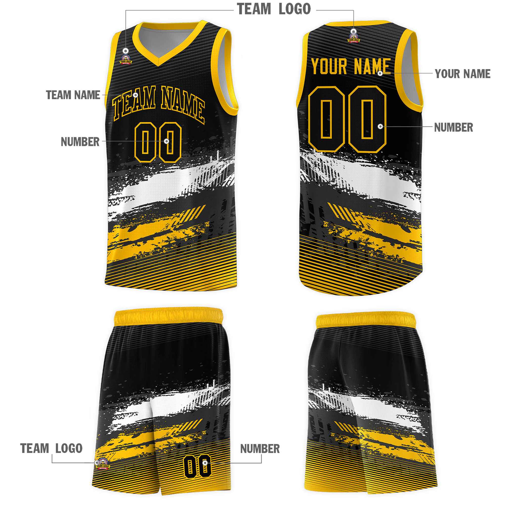 Custom Black White and Yellow Graffiti Pattern Sports Uniform Basketball Jersey