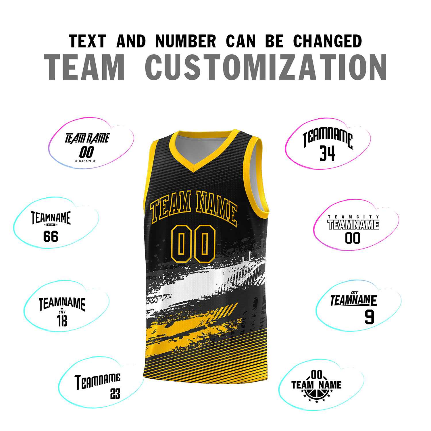 Custom Black White and Yellow Graffiti Pattern Sports Uniform Basketball Jersey