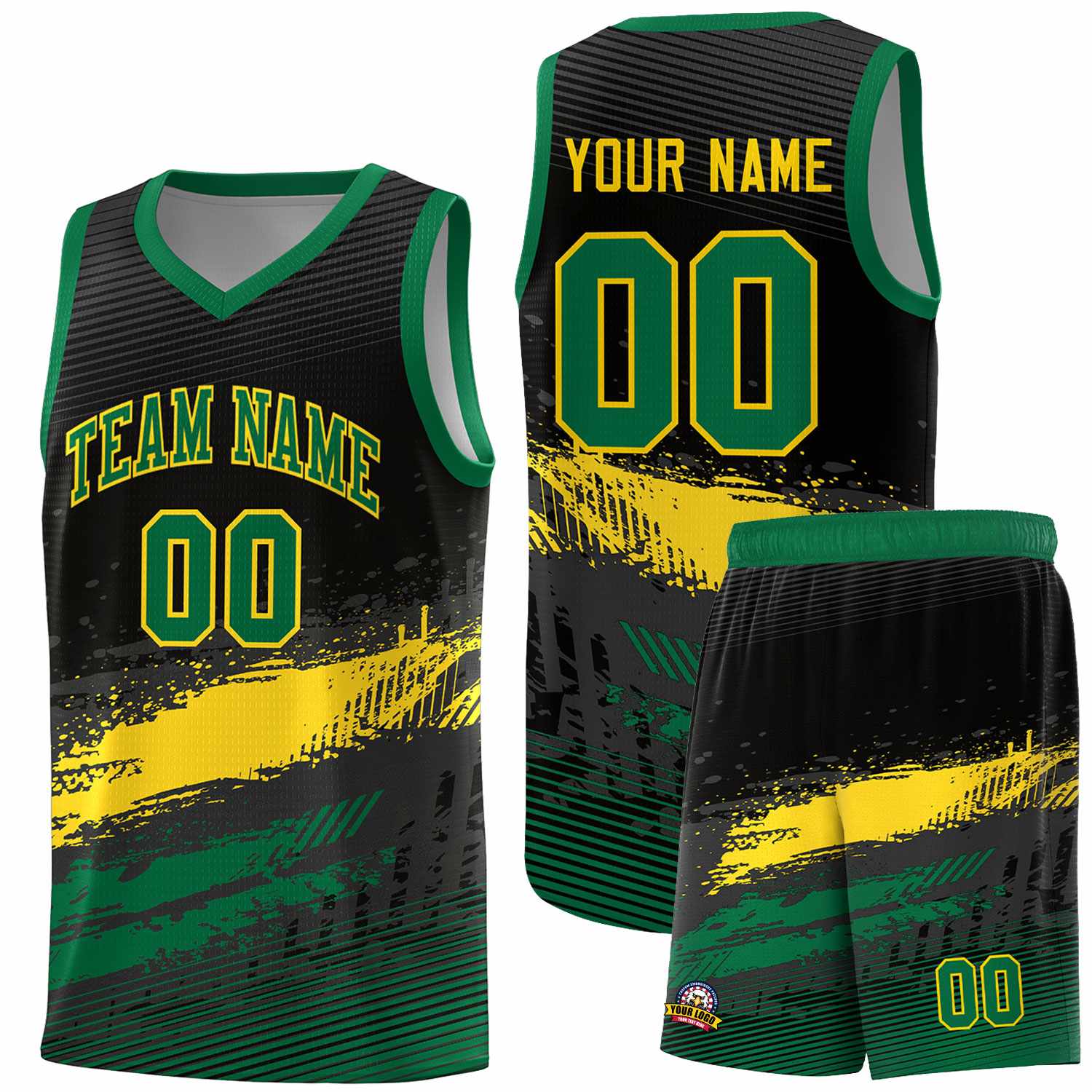 Custom Black Yellow and Kelly Green Graffiti Pattern Sports Uniform Basketball Jersey