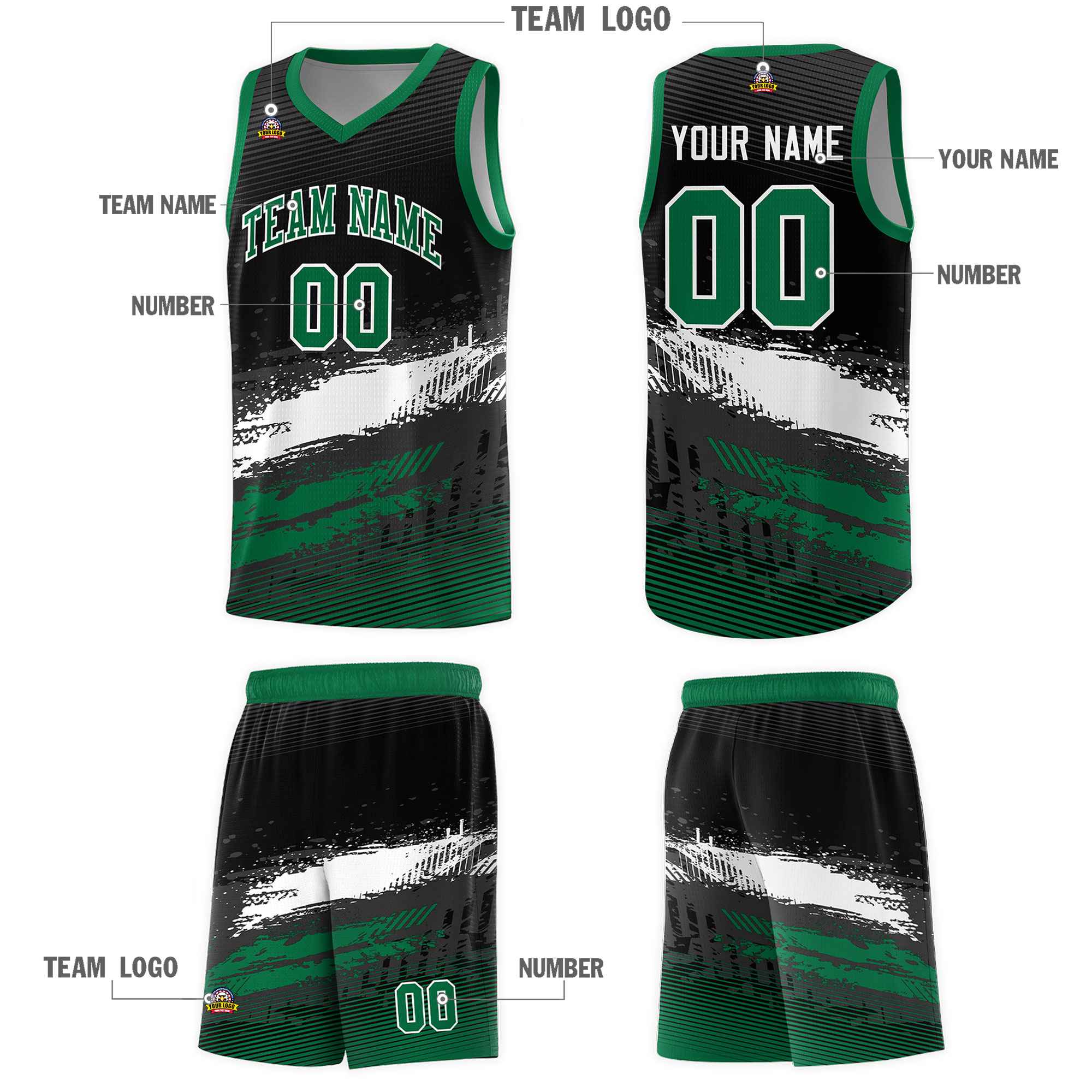 Custom Black White and Kelly Green Graffiti Pattern Sports Uniform Basketball Jersey