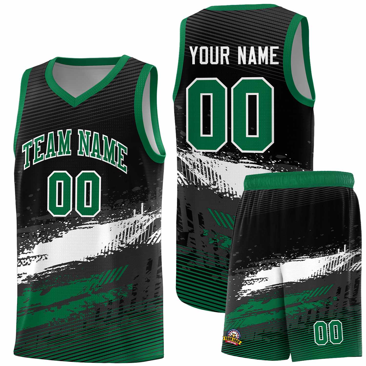 Custom Black White and Kelly Green Graffiti Pattern Sports Uniform Basketball Jersey