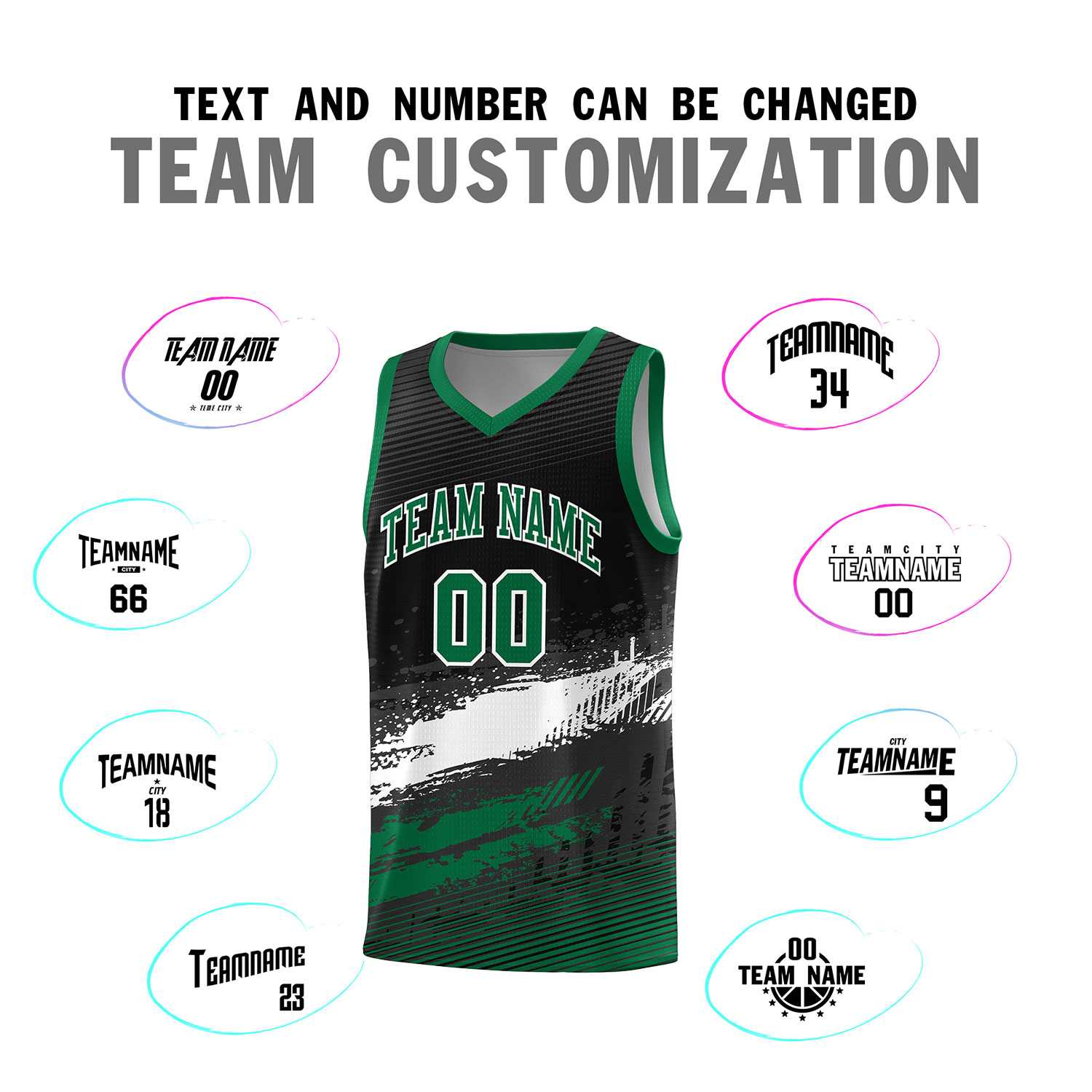 Custom Black White and Kelly Green Graffiti Pattern Sports Uniform Basketball Jersey