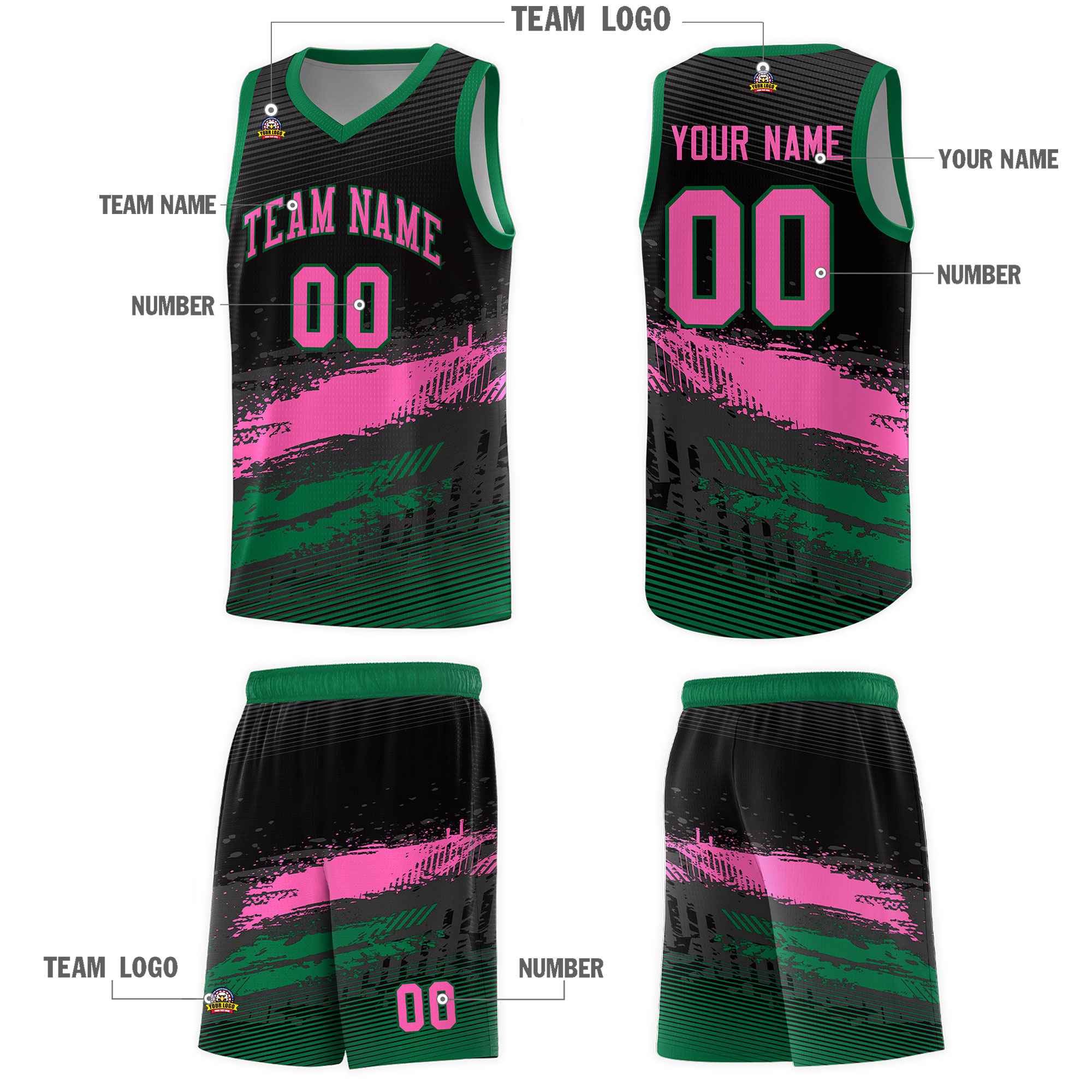 Custom Black Pink and Kelly Green Graffiti Pattern Sports Uniform Basketball Jersey