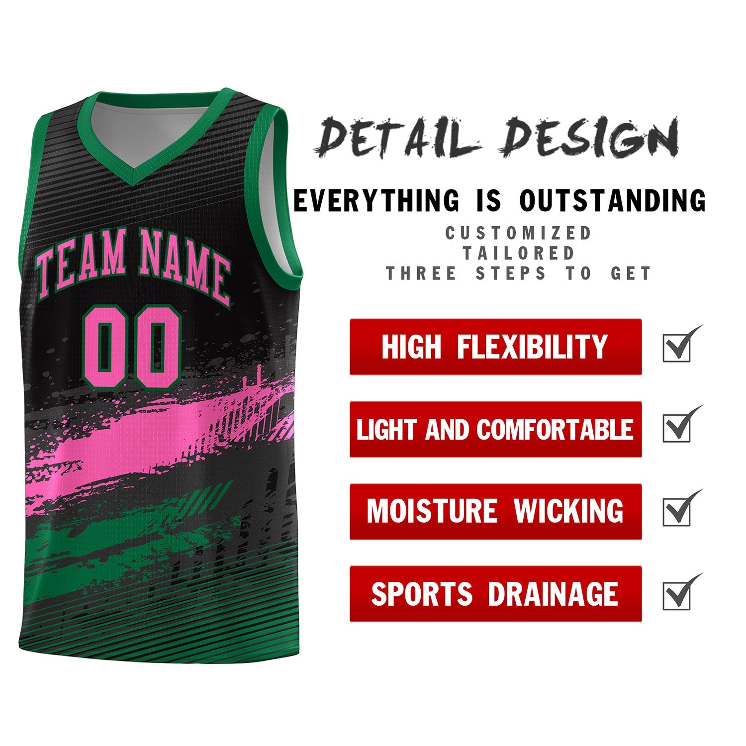 Custom Black Pink and Kelly Green Graffiti Pattern Sports Uniform Basketball Jersey