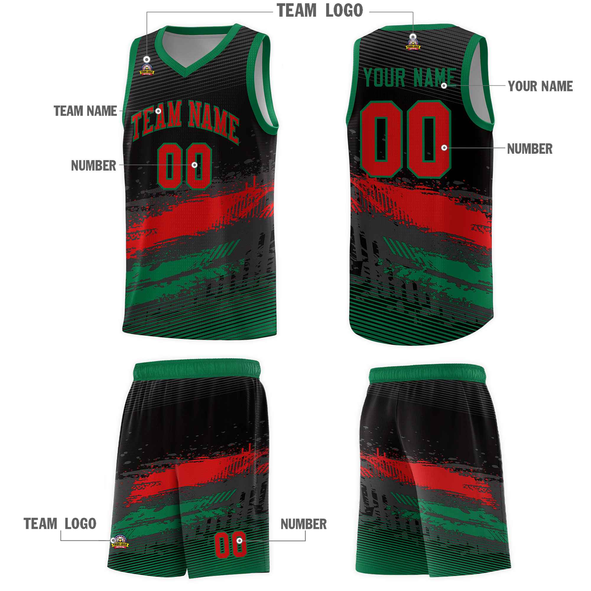 Custom Black Red and Kelly Green Graffiti Pattern Sports Uniform Basketball Jersey