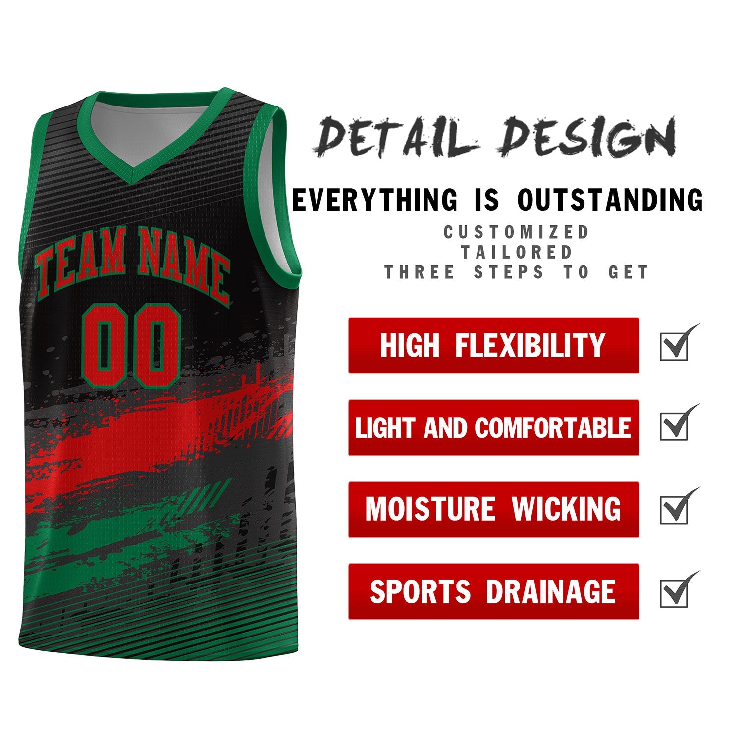 Custom Black Red and Kelly Green Graffiti Pattern Sports Uniform Basketball Jersey