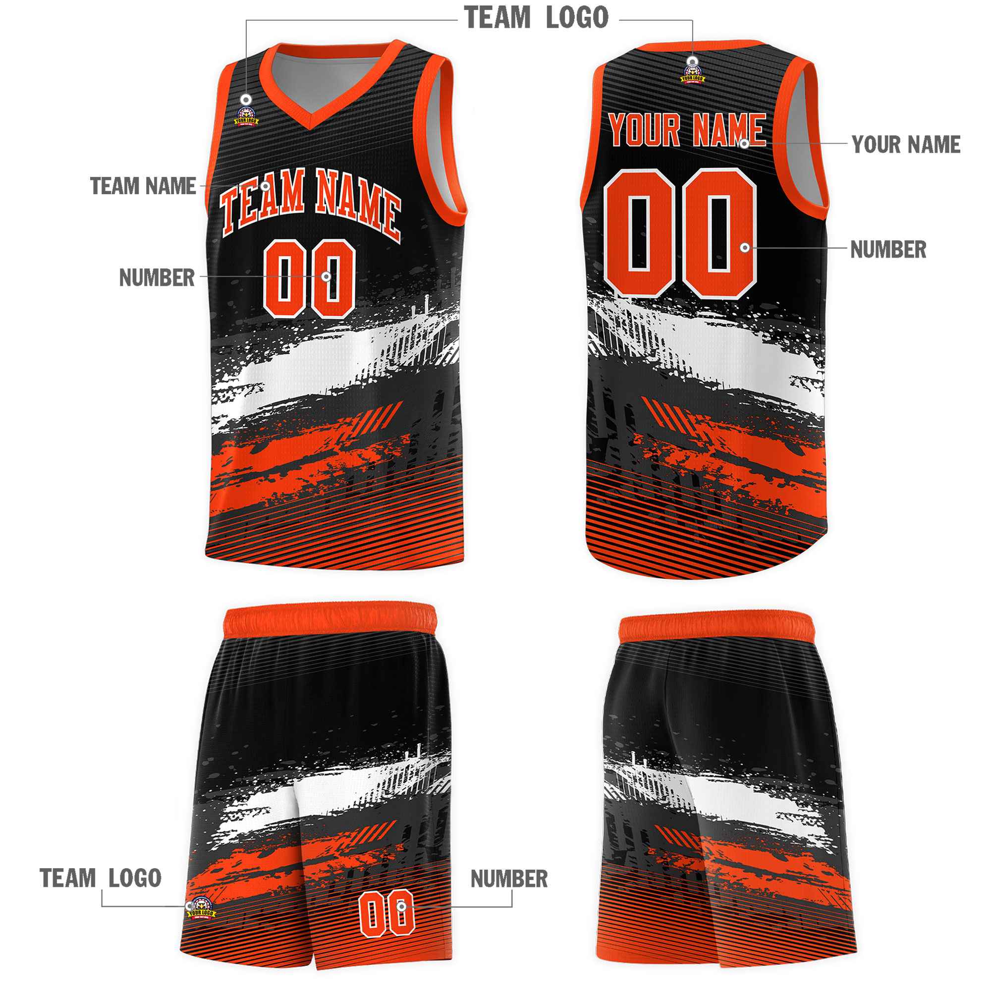 Custom Black White and Orange Graffiti Pattern Sports Uniform Basketball Jersey