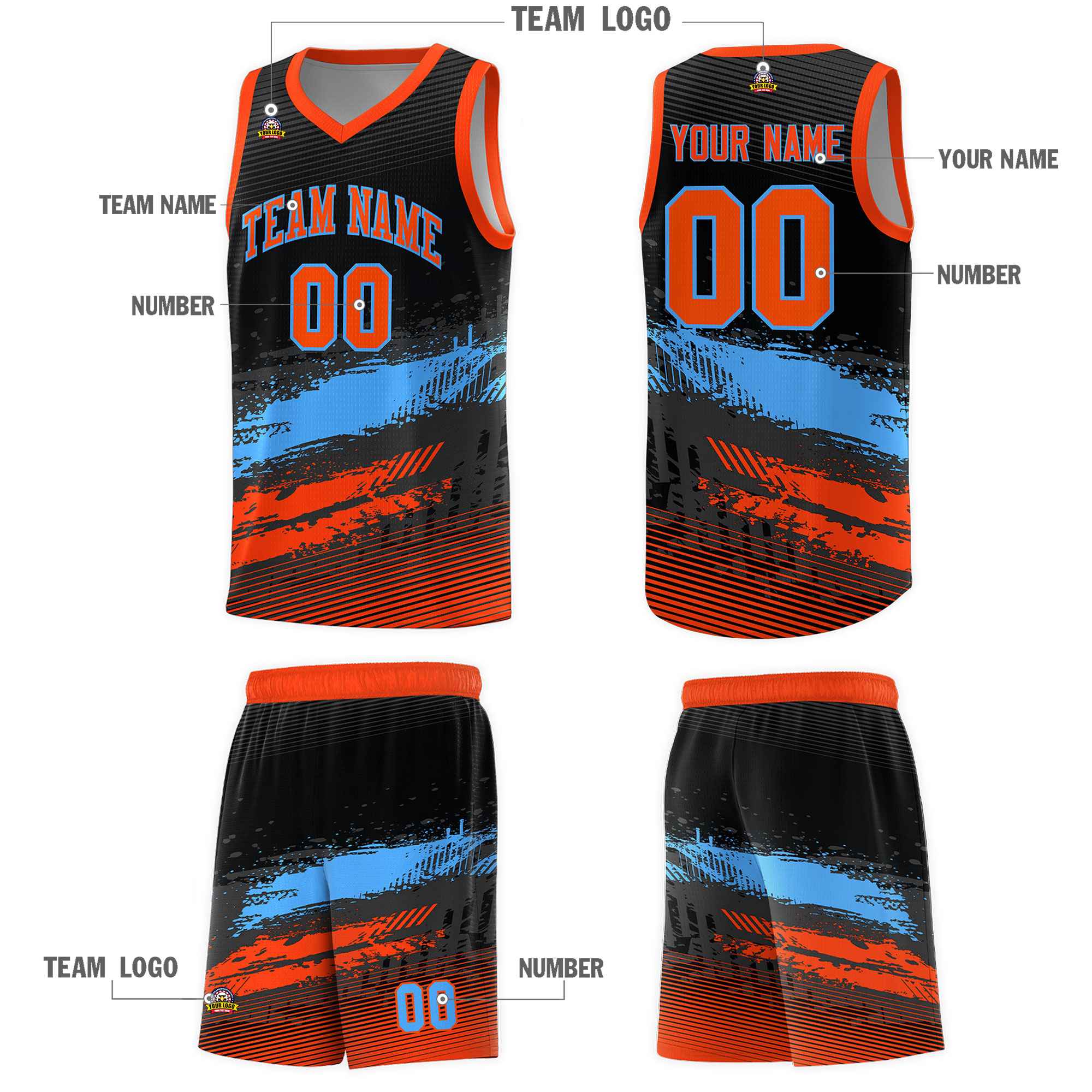 Custom Black Powder Blue and Orange Graffiti Pattern Sports Uniform Basketball Jersey