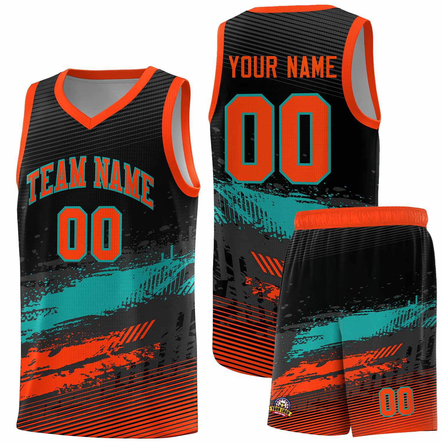 Custom Black Aqua and Orange Graffiti Pattern Sports Uniform Basketball Jersey