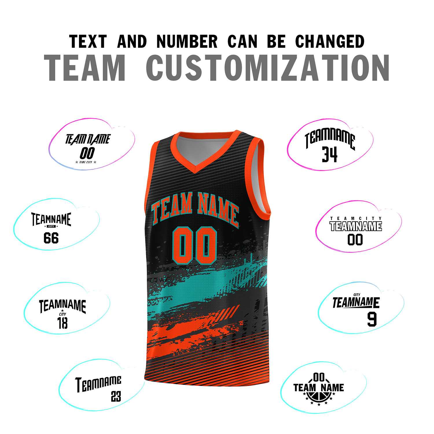 Custom Black Aqua and Orange Graffiti Pattern Sports Uniform Basketball Jersey