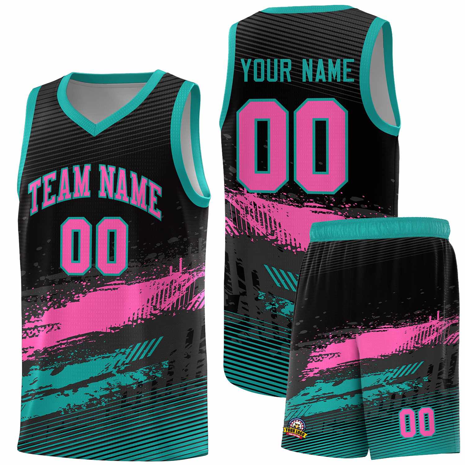 Custom Black Pink and Aqua Graffiti Pattern Sports Uniform Basketball Jersey