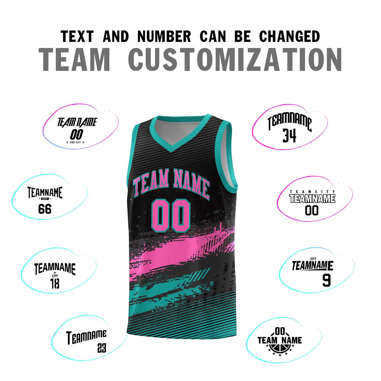 Custom Black Pink and Aqua Graffiti Pattern Sports Uniform Basketball Jersey