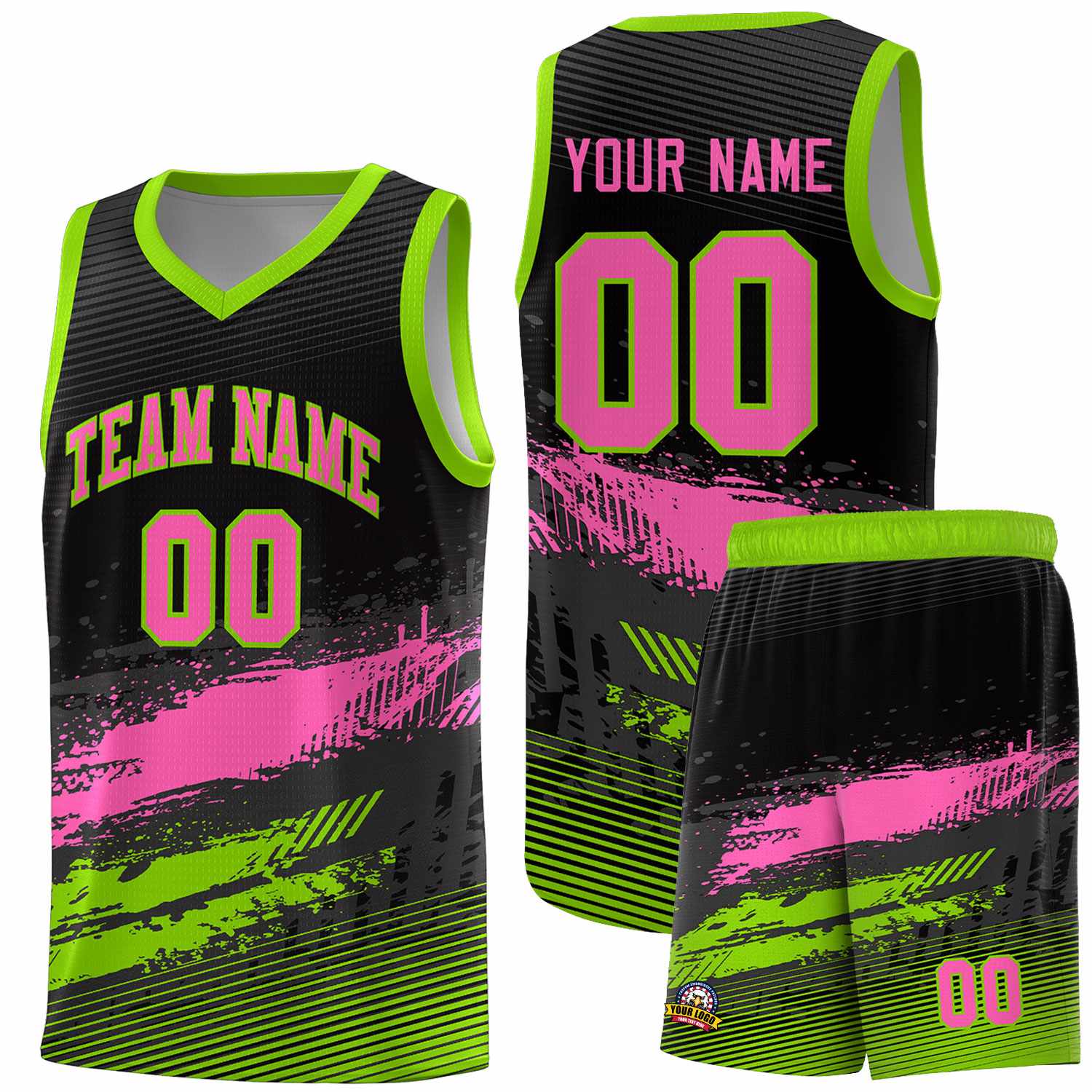 Custom Black Pink and Neon Green Graffiti Pattern Sports Uniform Basketball Jersey