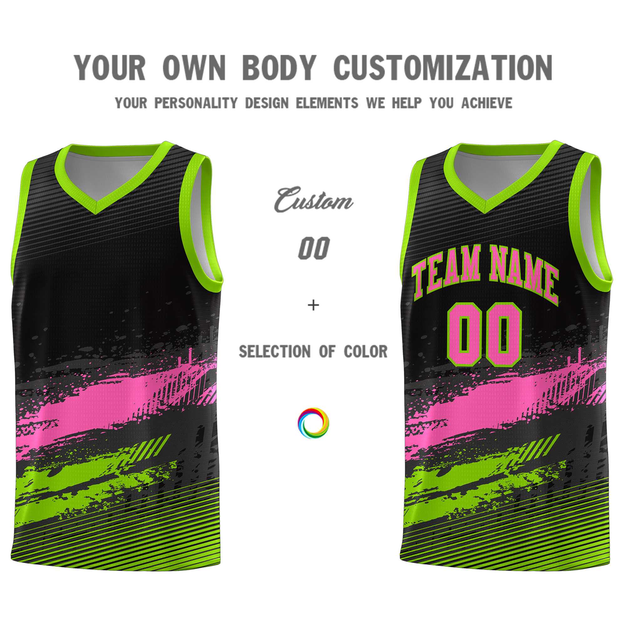 Custom Black Pink and Neon Green Graffiti Pattern Sports Uniform Basketball Jersey