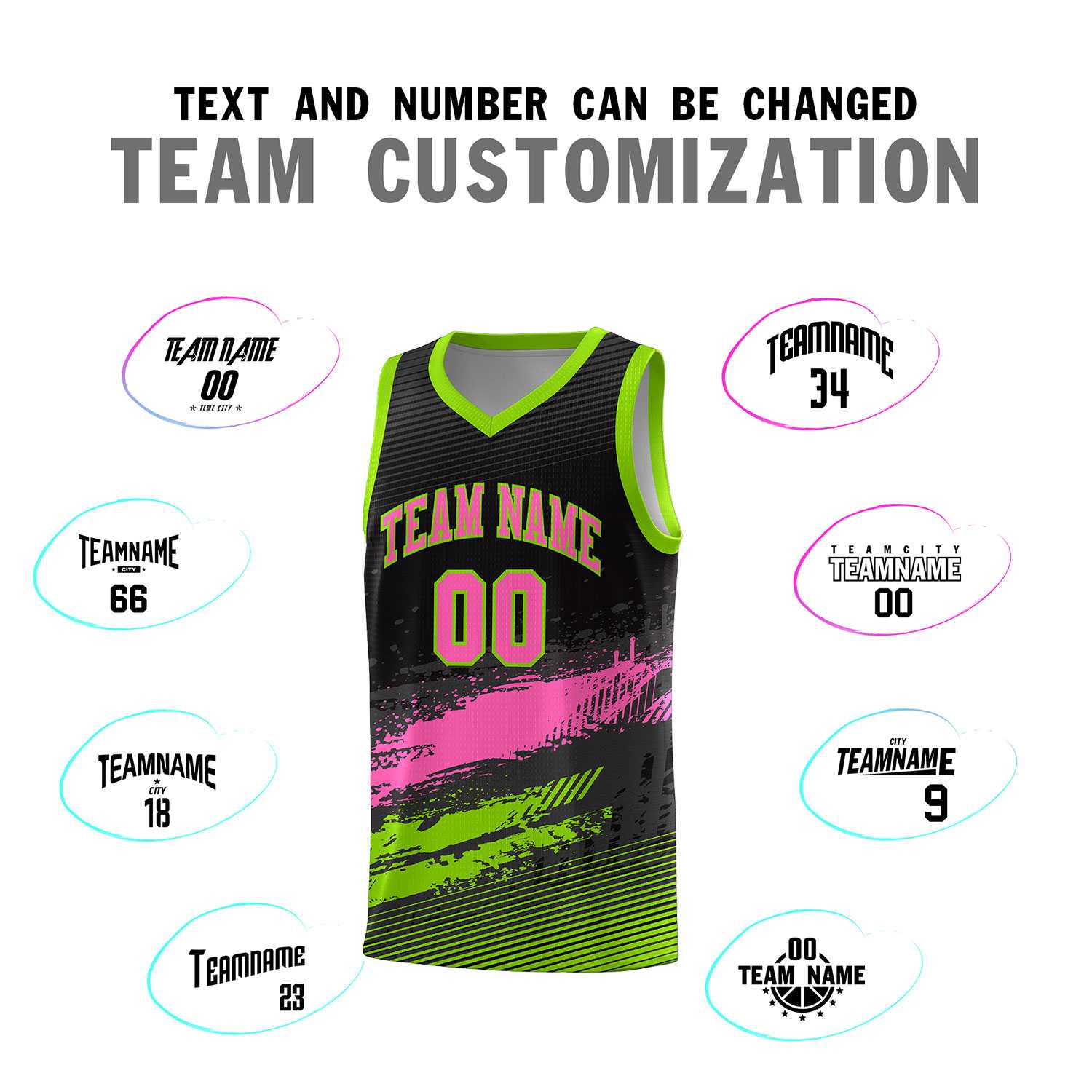 Custom Black Pink and Neon Green Graffiti Pattern Sports Uniform Basketball Jersey