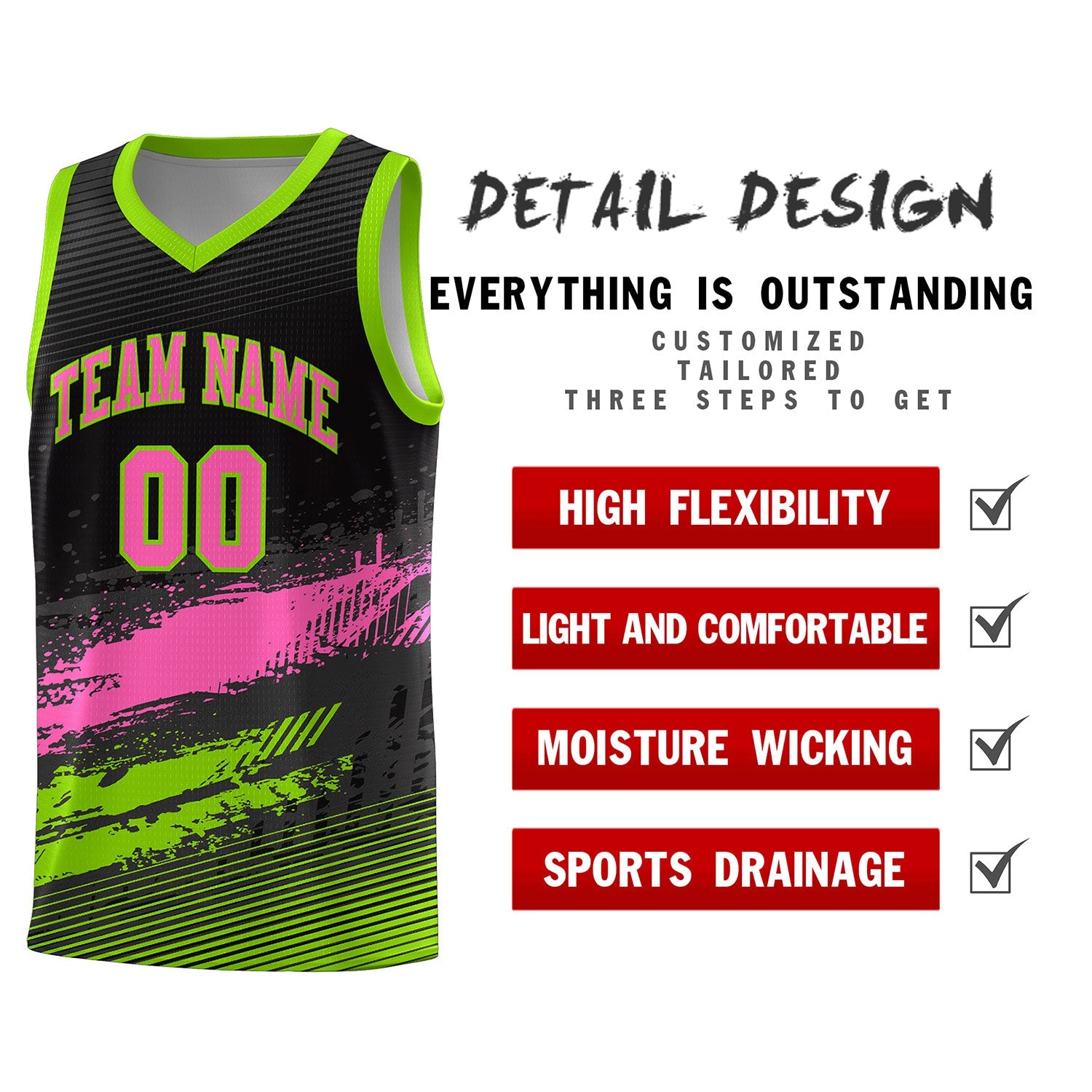 Custom Black Pink and Neon Green Graffiti Pattern Sports Uniform Basketball Jersey