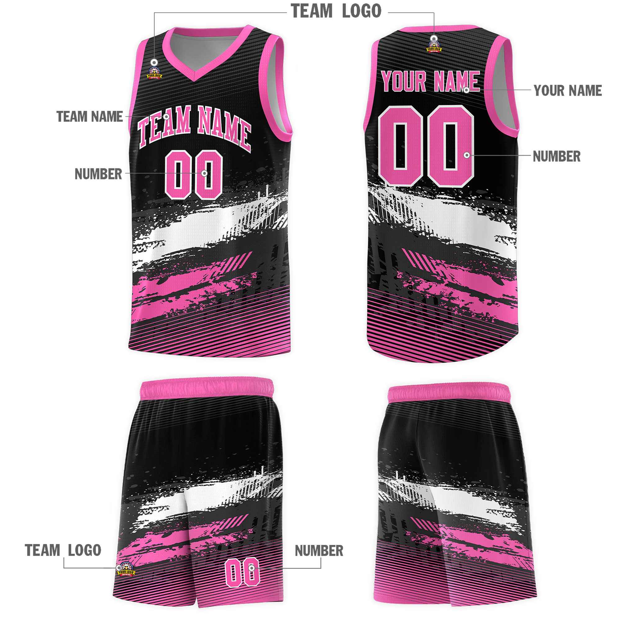 Custom Black White and Pink Graffiti Pattern Sports Uniform Basketball Jersey